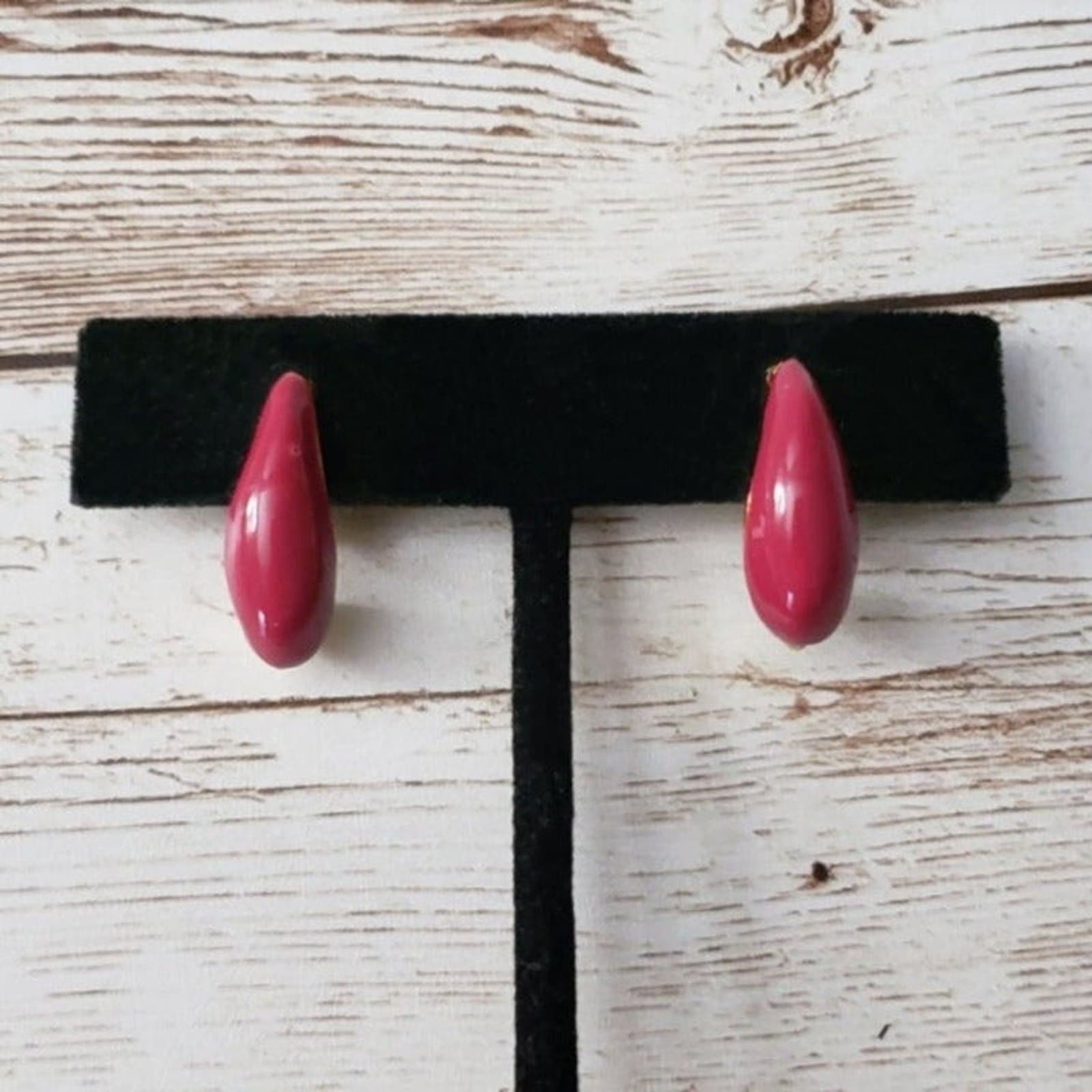Vintage Clip On Earrings - Dark Pink & Gold Tone Unusual Shape