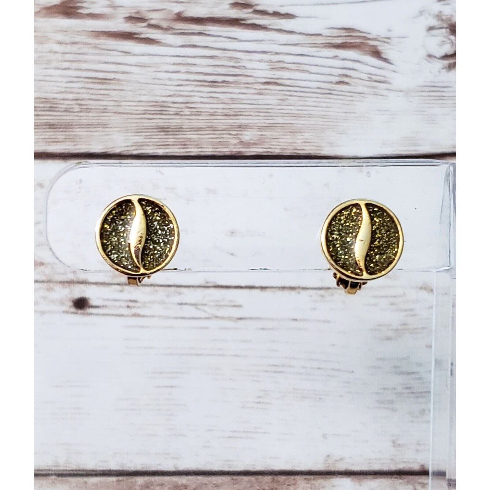 Vintage Clip On Earrings - Glitter Green & Gold Tone - Dainty - Just Over 3/8"