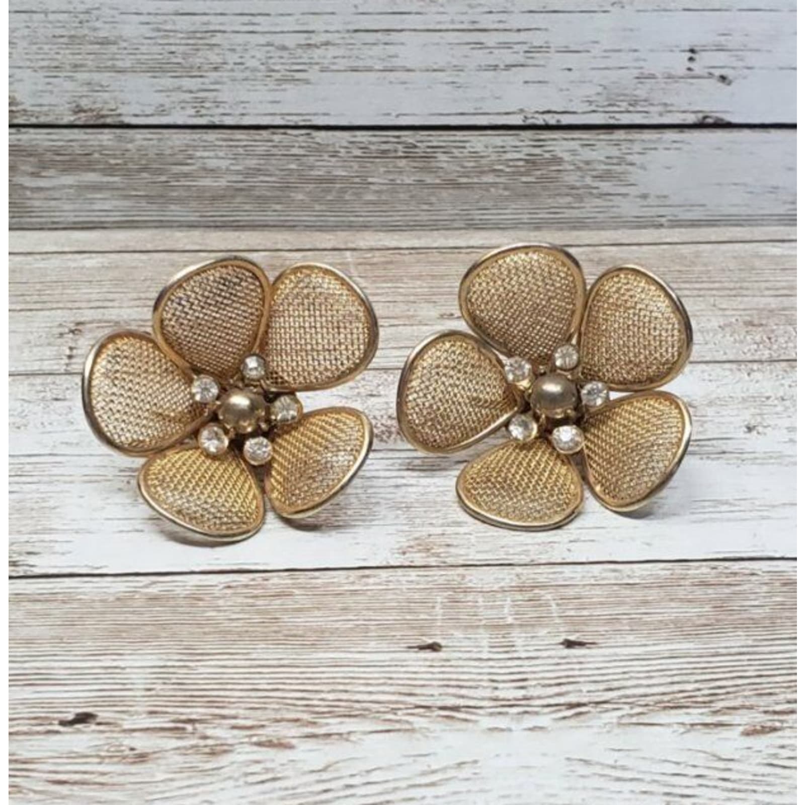 Vintage Clip On Earrings - Extra Large Gold Tone 3D Mesh Flower 1.5"