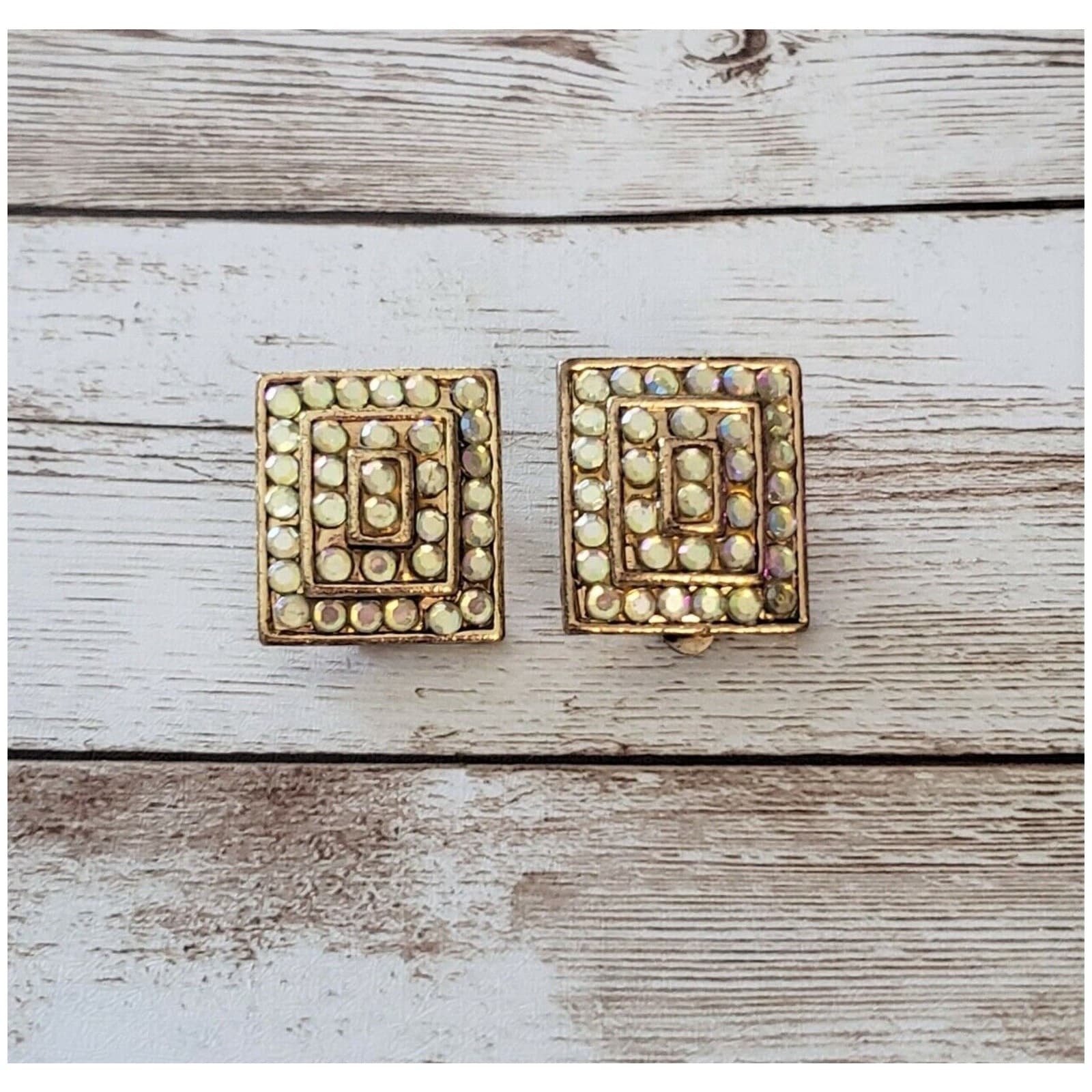Vintage Clip On Earrings Gold Tone and Iridescent Gem Layered Rectangle