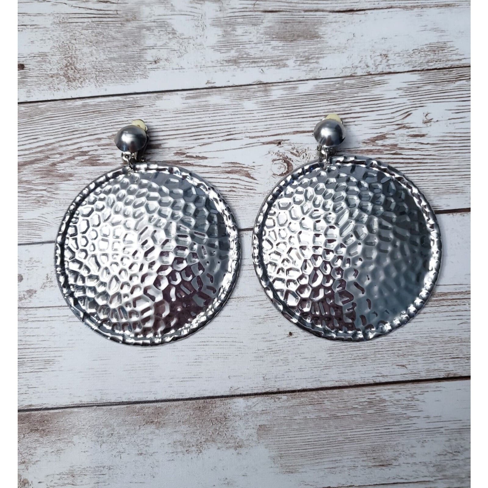 Vintage Clip On Earrings - Extra Large Circle Hammered Pattern Statement 3.25"