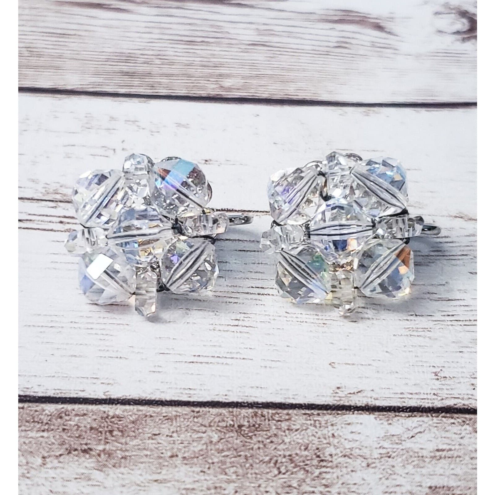 Vintage Clip On Earrings - Iridescent Beads In Cluster Design 0.75"
