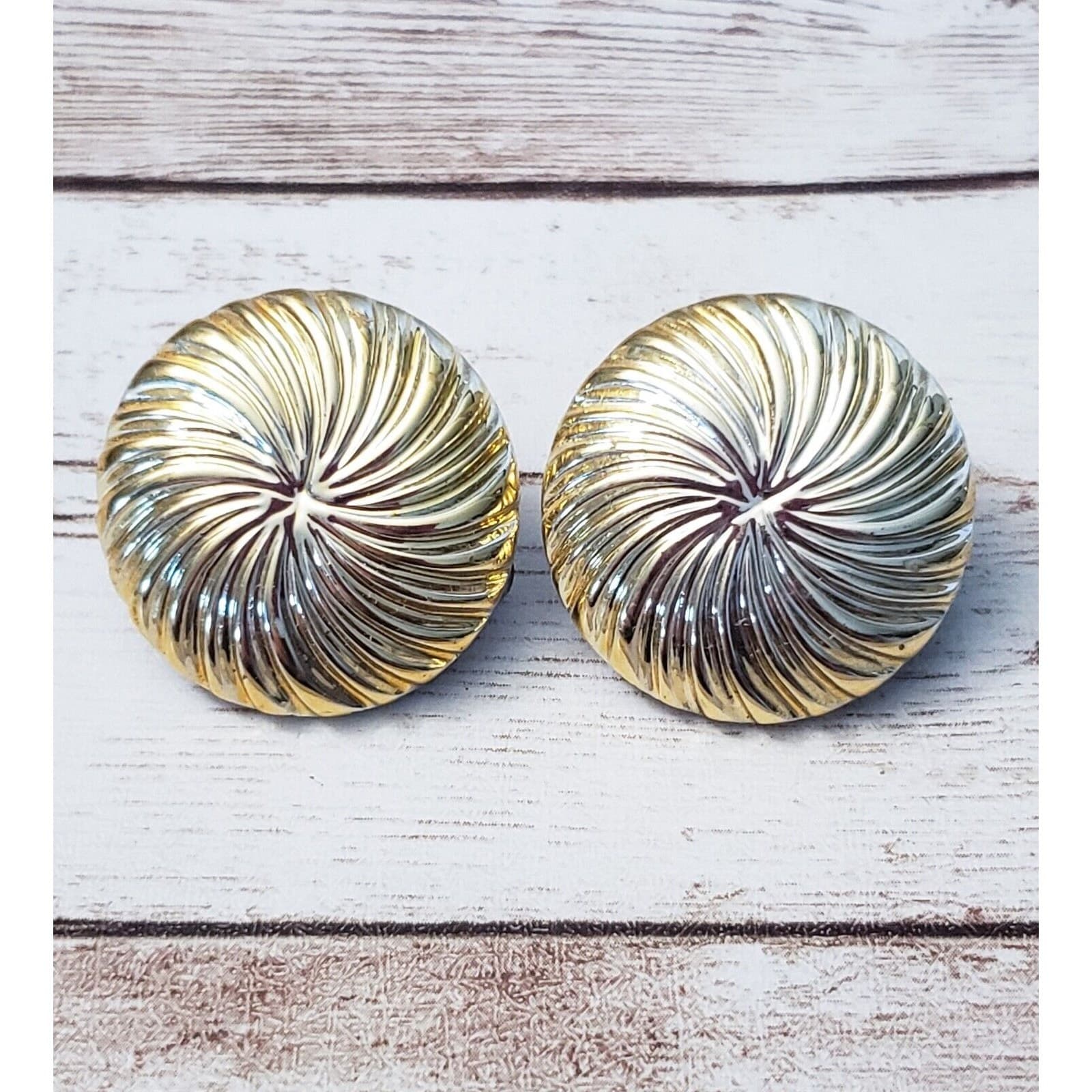 Vintage Clip On Earrings - Gold Tone Circle with Swirl Like Design 1 & 1/8"