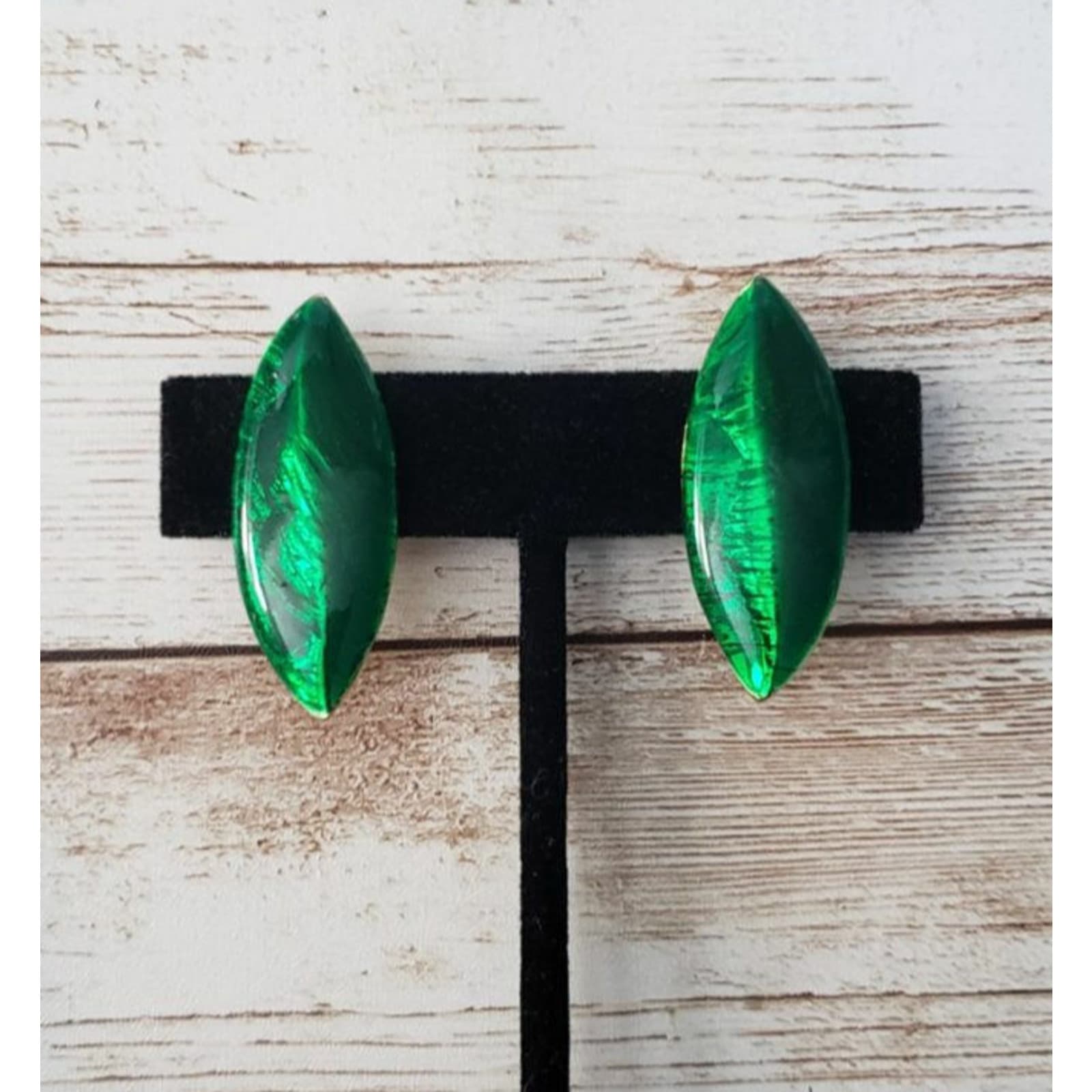 Vintage Clip On Earrings - Green Leaf Shape Statement