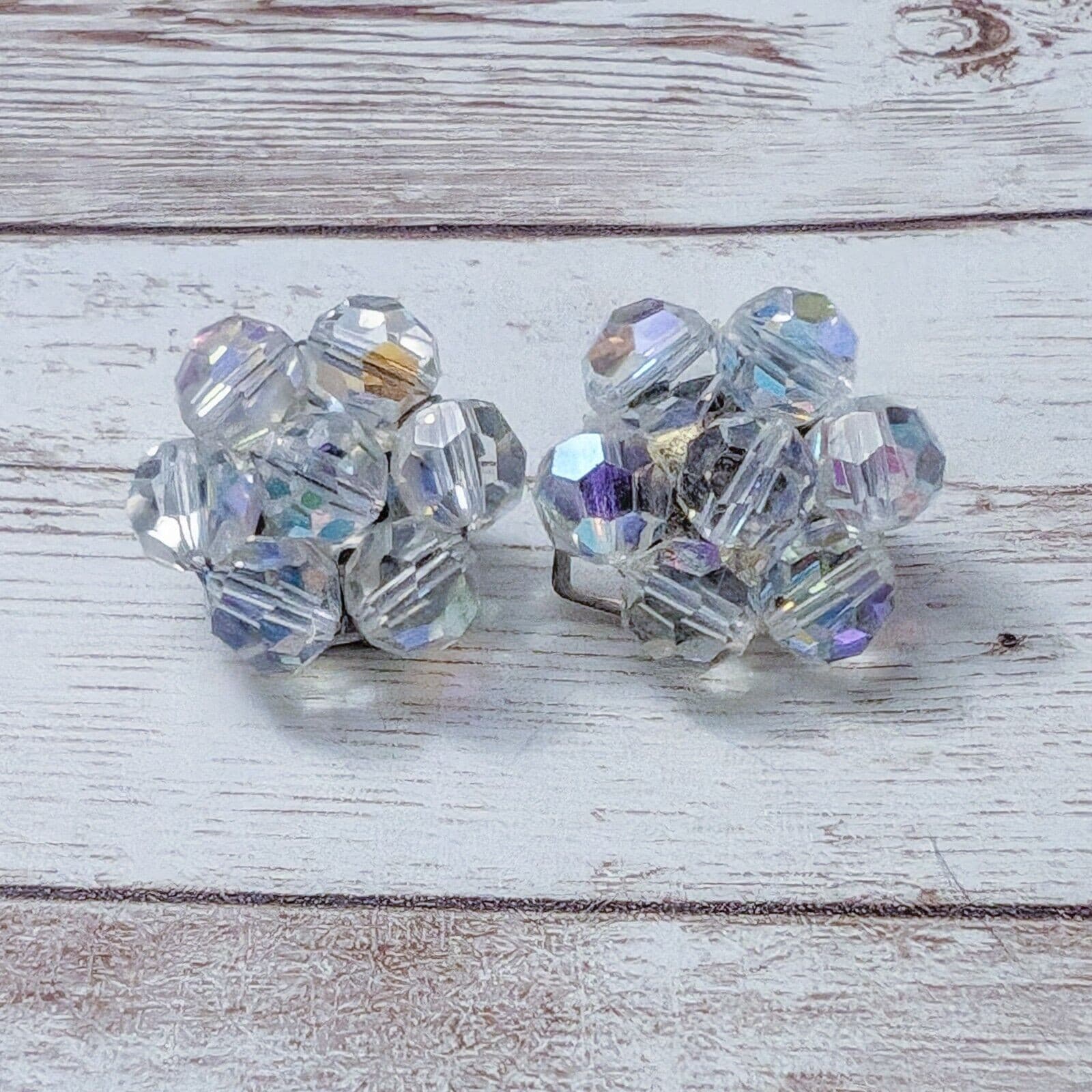 Vintage Clip On Earrings - Iridescent Flower Shape Cluster 7/8"