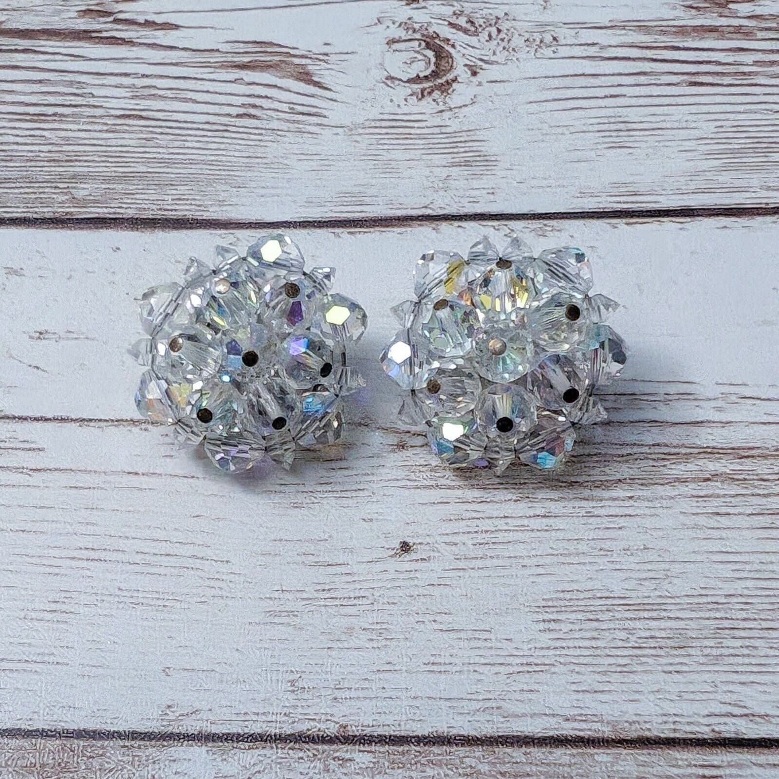 Vintage Clip On Earrings - 1" Cluster Style with Iridescent Clear Beads