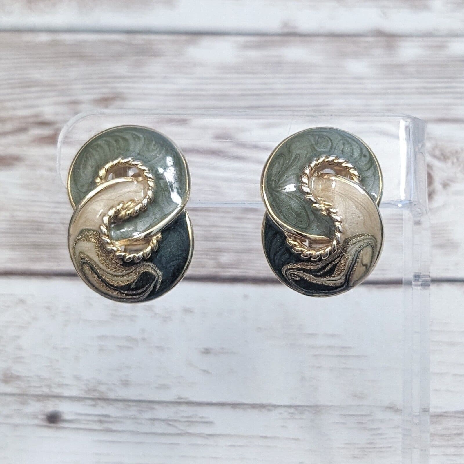 Vintage Clip On Earrings - Statement Muted Green, Cream & Gold Tone