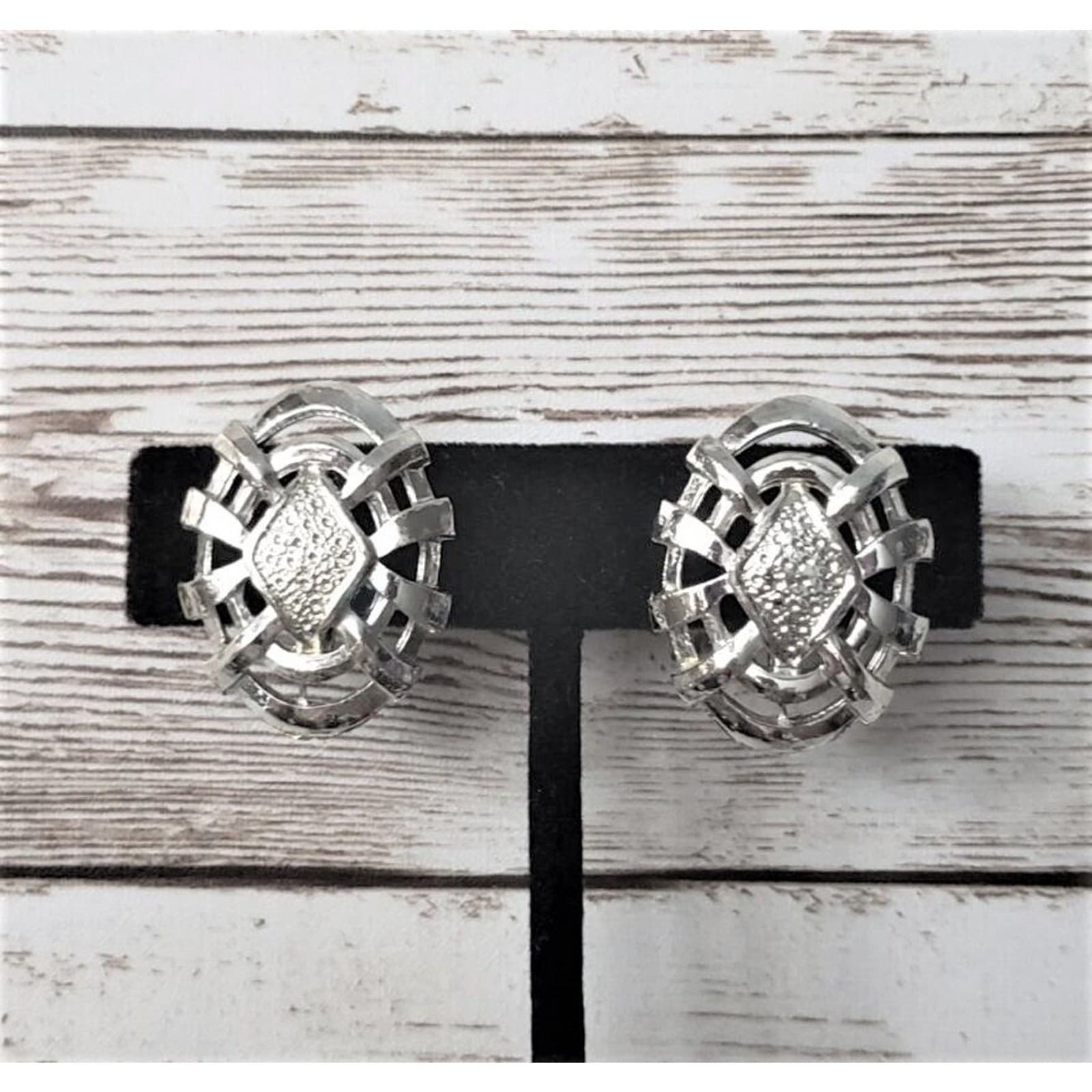 Vintage Screw On Earrings - Large Silver Tone Oval Statement
