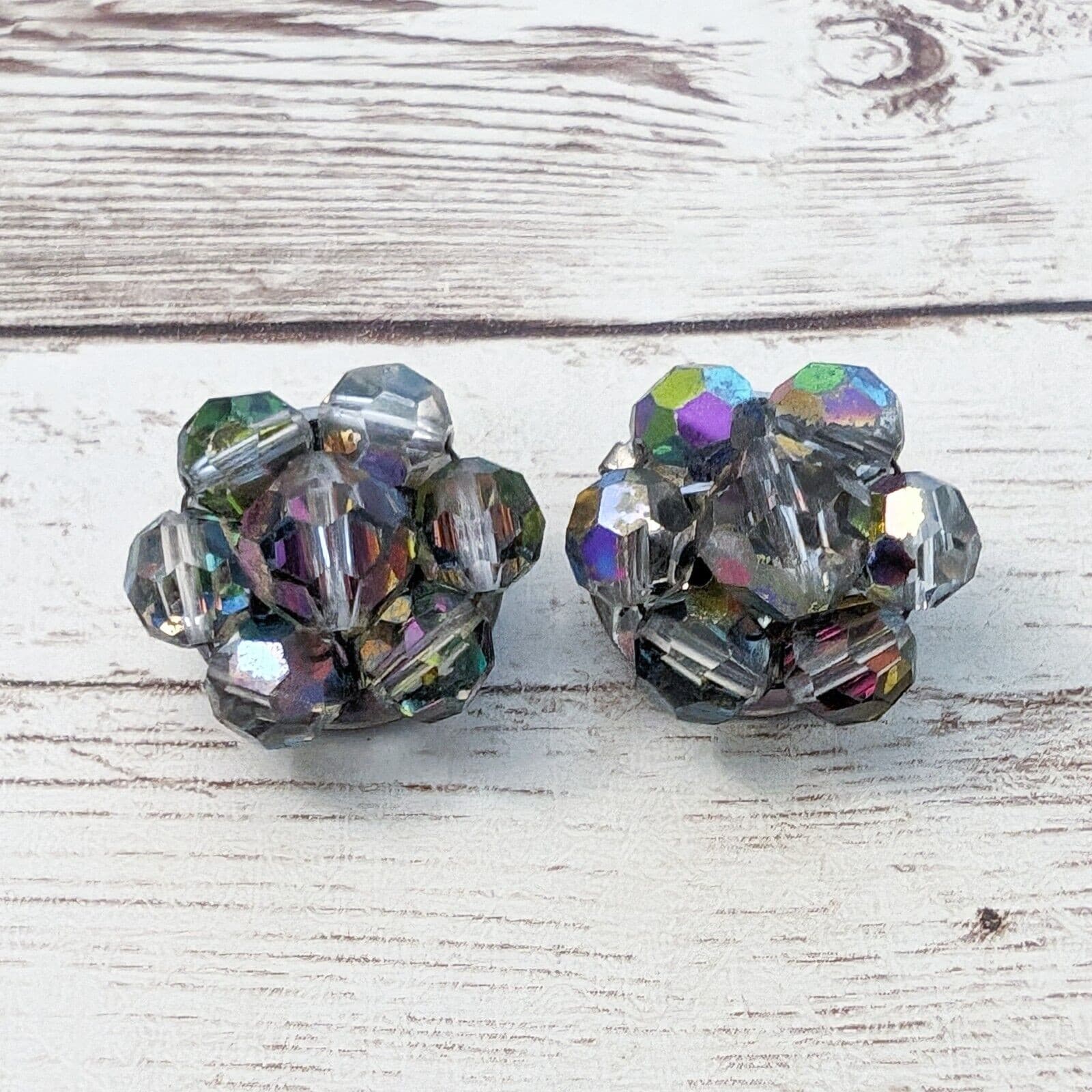 Vintage Clip On Earrings - 0.75" Dark Iridescent Beaded Cluster