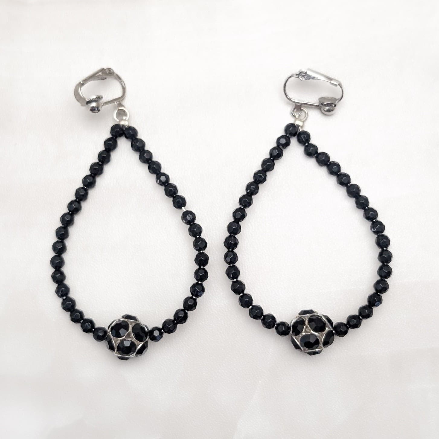 Vintage Clip On Earrings Extra Large Black & Silver Tone Drop Statement 3.25"