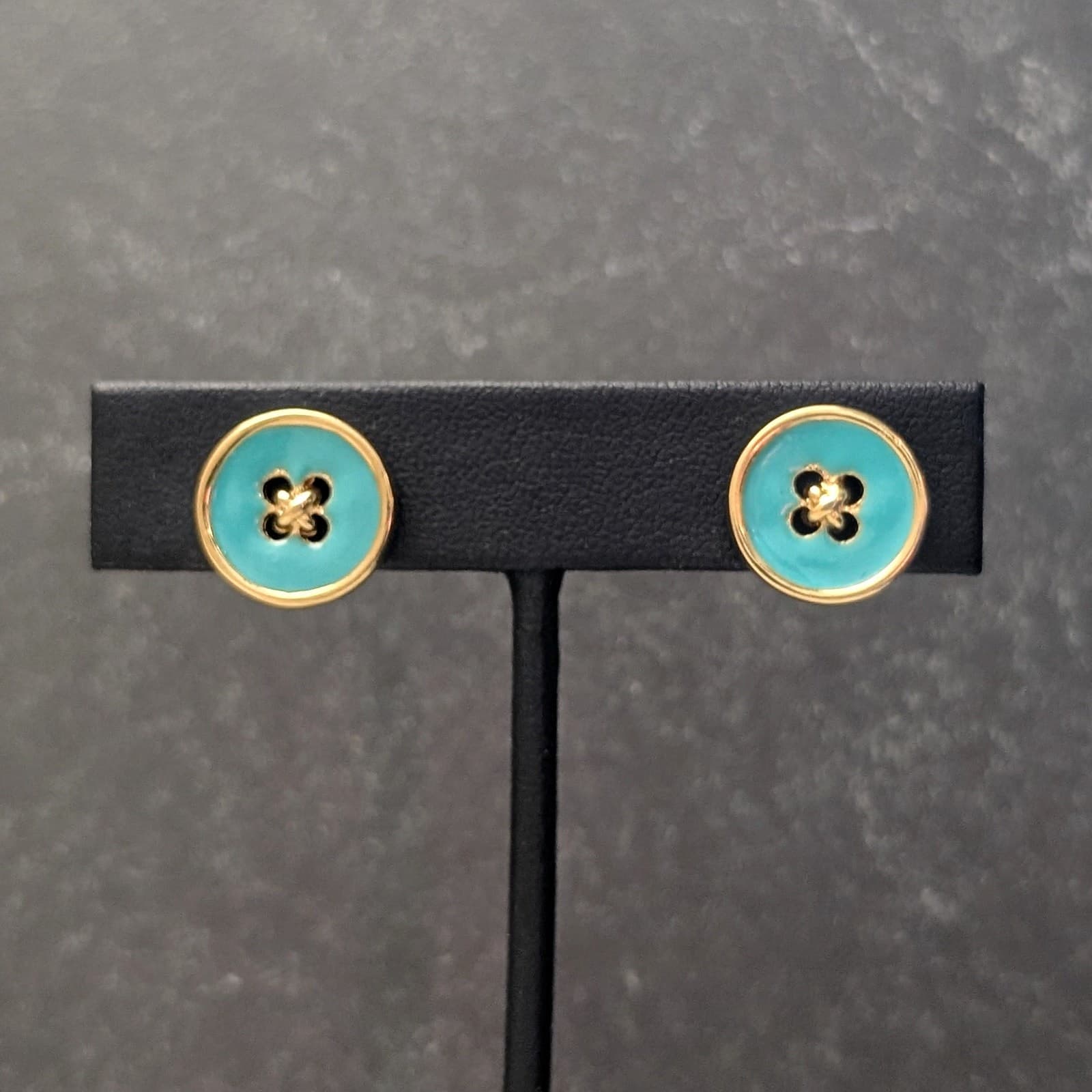 Vintage Clip On Earrings Turquoise Tone & Gold Tone Button Design - Whimsical