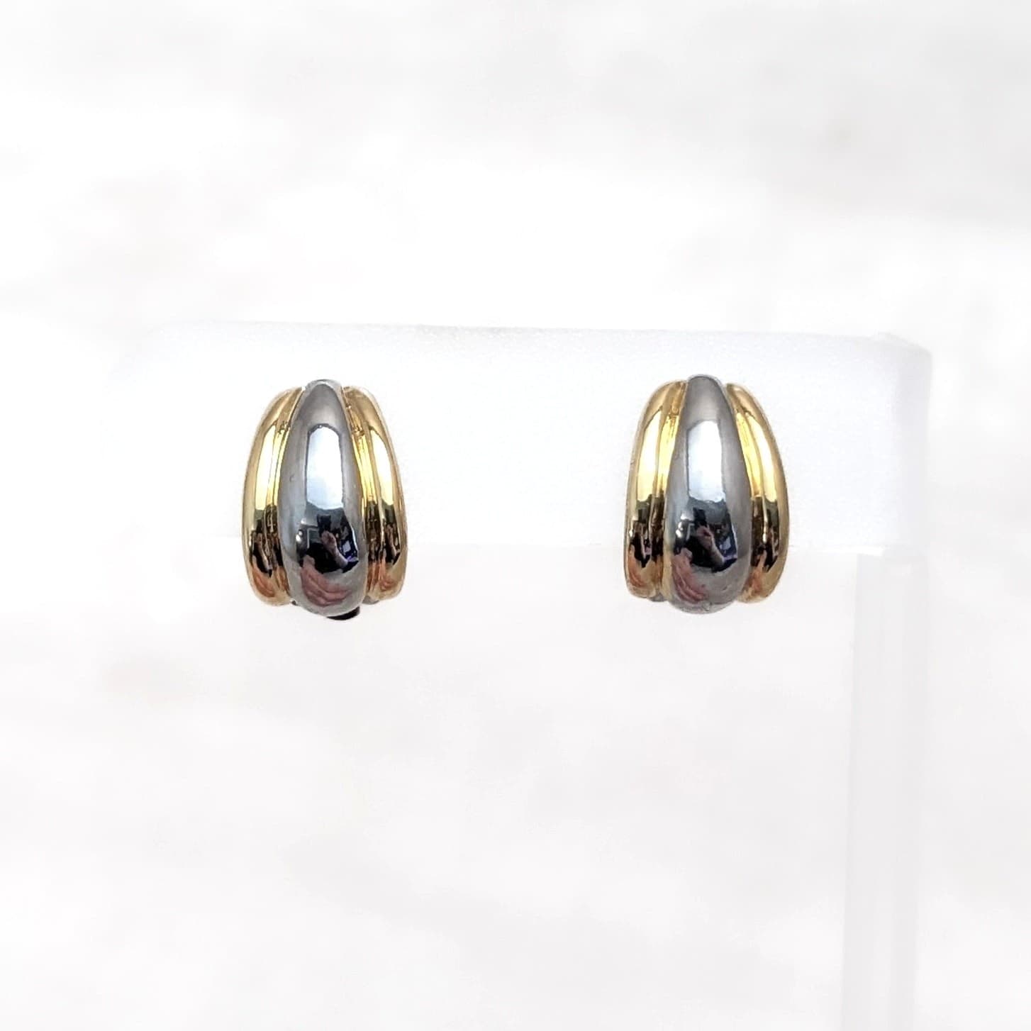 Vintage Clip On Earrings Shiny Mirrored Silver Tone & Gold Tone Elongated Hoops