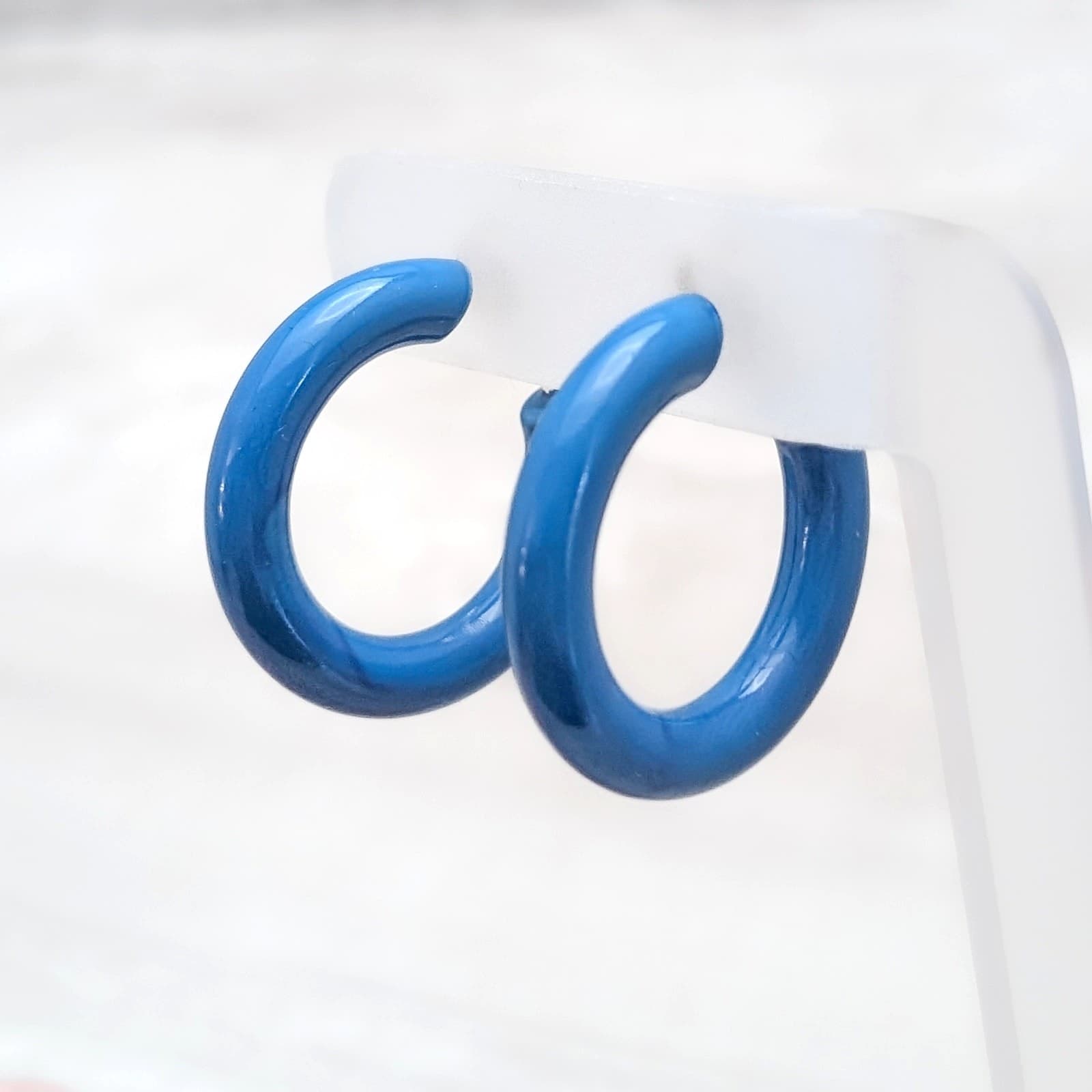 Vintage Clip On Earrings Very Large Vibrant Blue Retro Tube Style Hoops 1 & 3/8"