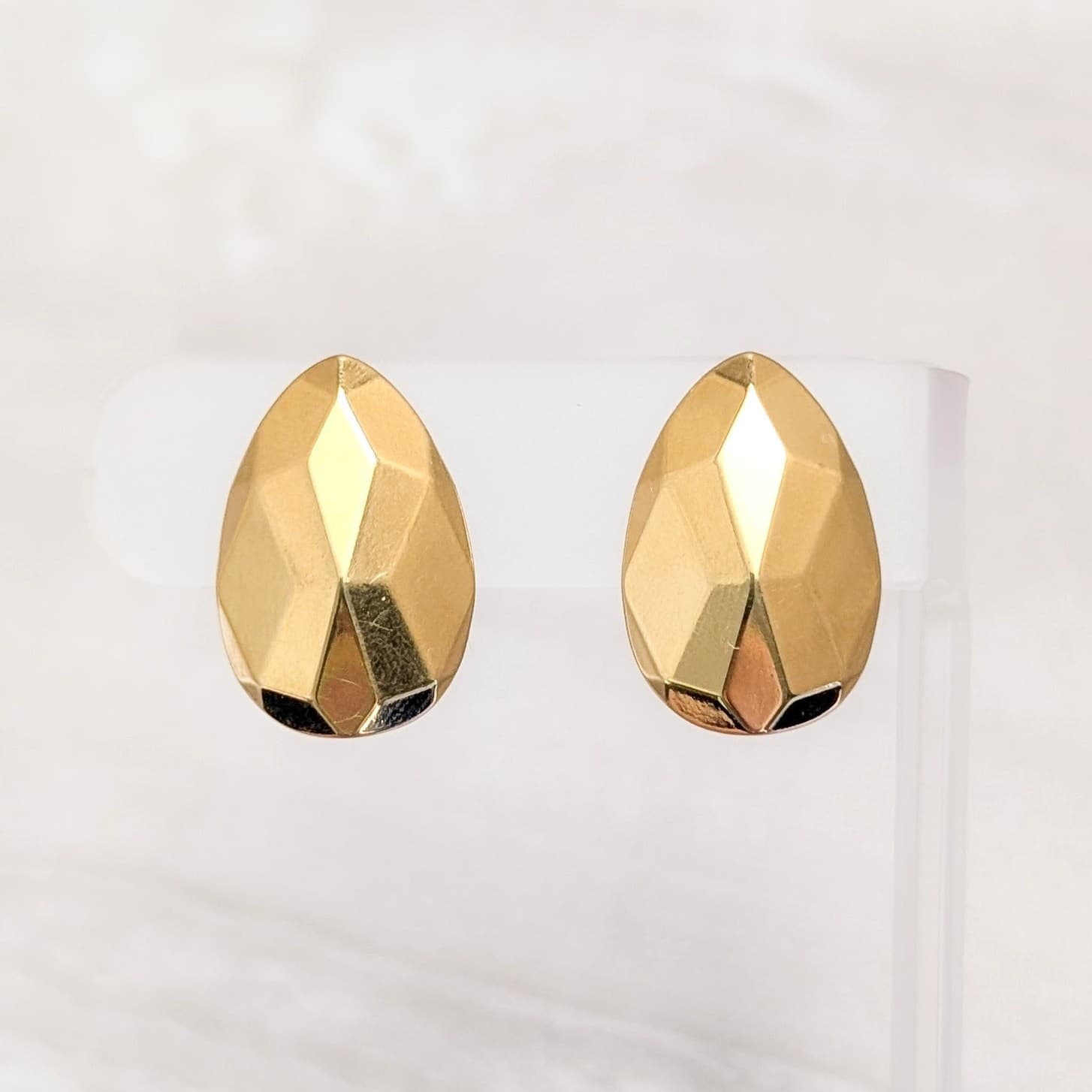 Vintage Clip On Earrings Stylish Statement Pear Shaped Faceted Gold Tone 1"