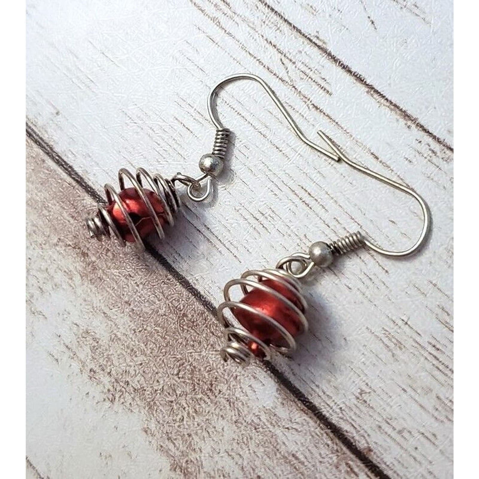 Vintage Earrings for Pierced Ears - Red Bell with Silver Tone Swirl