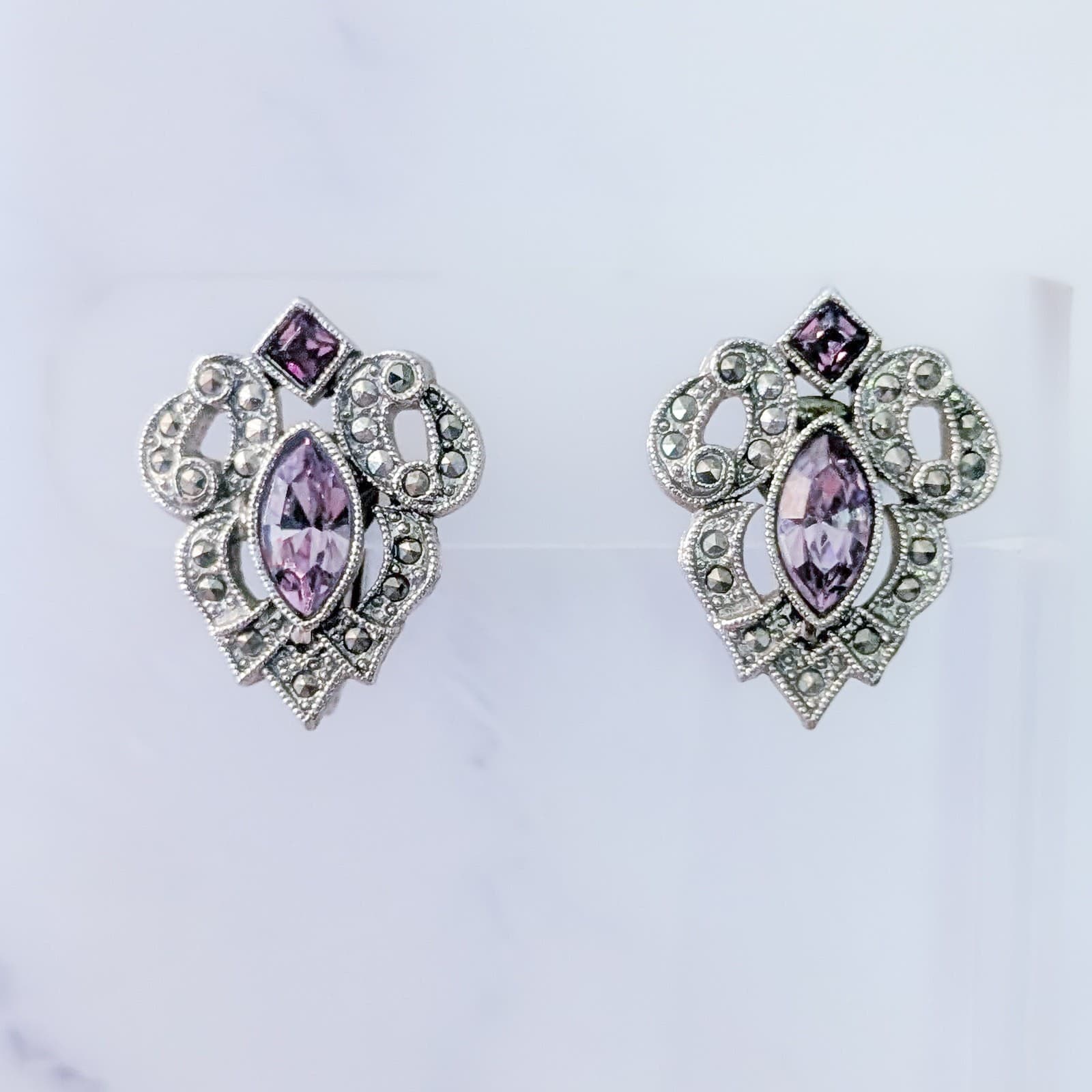 Vintage Clip On Earrings Silver Tone Purple Gems Ornate Regal