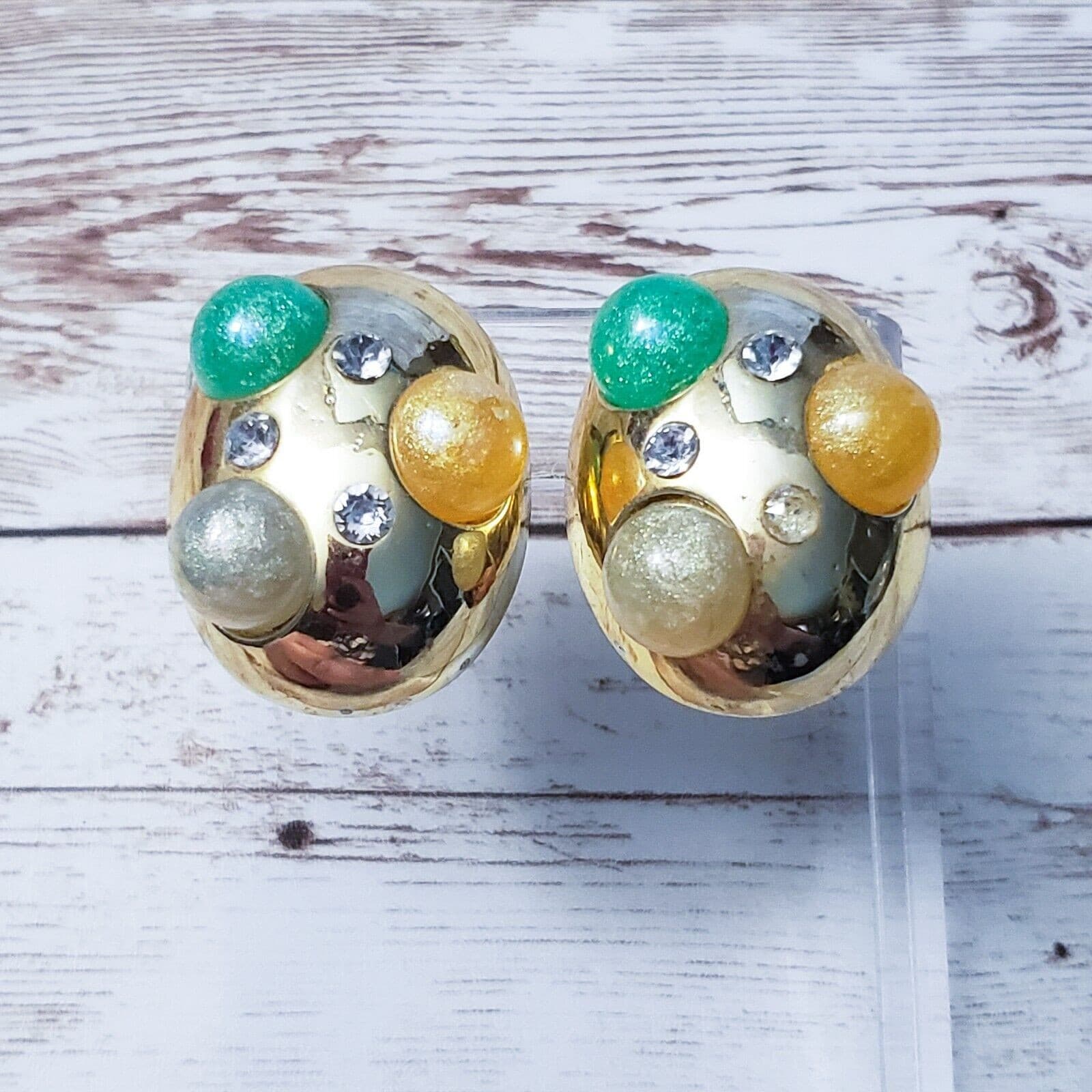 Vintage Clip On Earrings - Unusual Gold Tone Domed Oval with Gems 1.5"