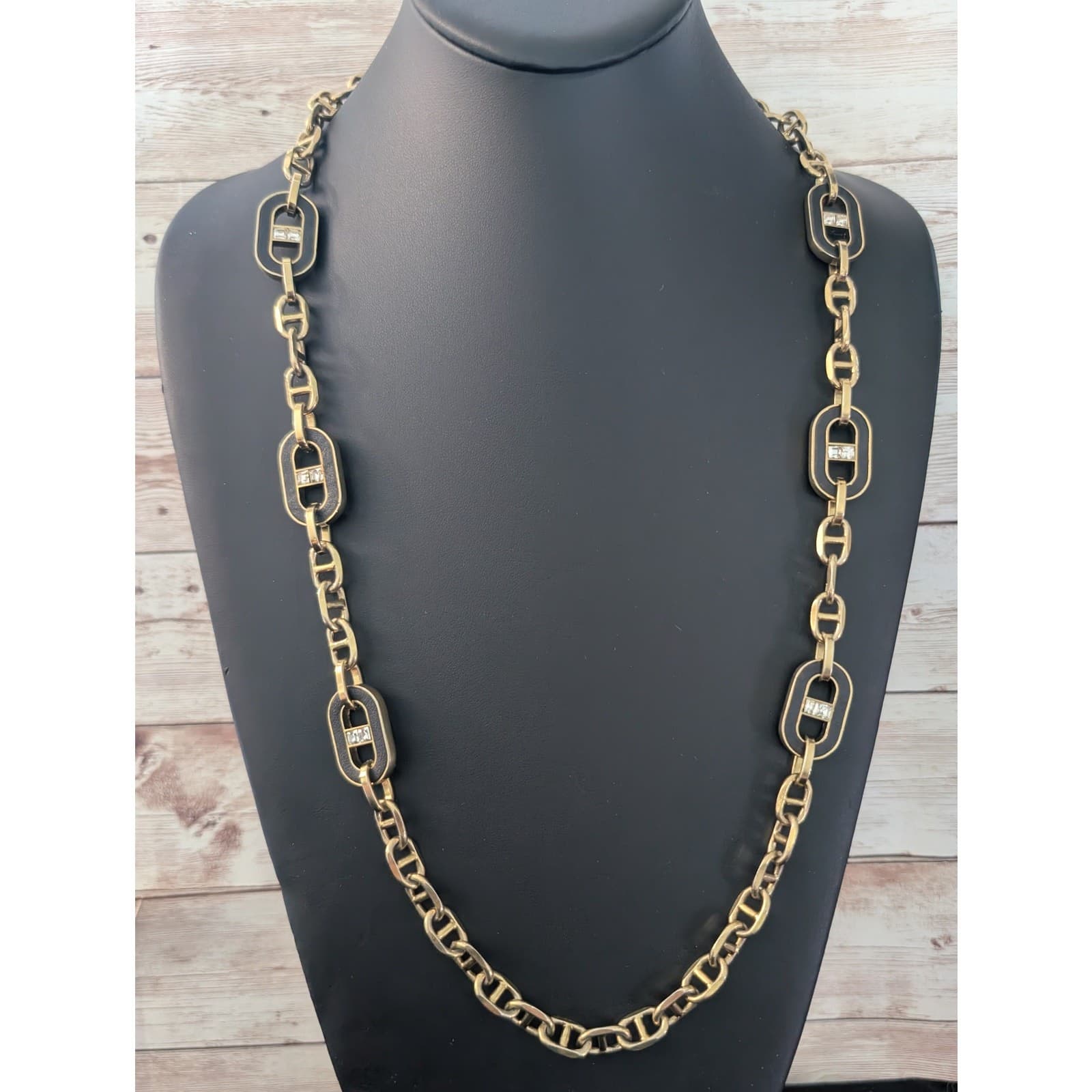 Ann Taylor Necklace Black, Gold Tone, Rhinestone Chunky Long Statement
