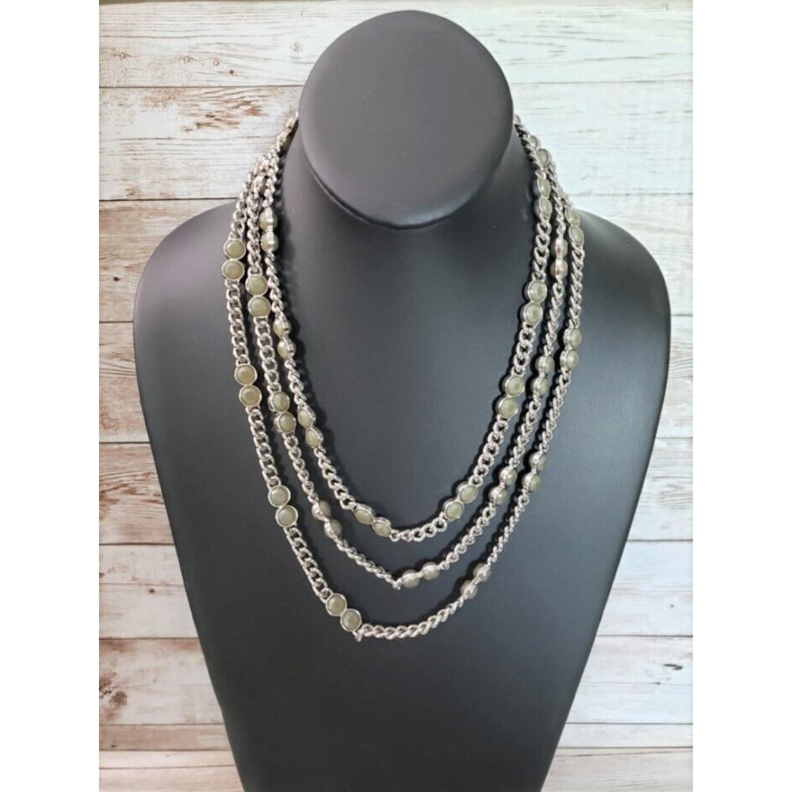 Banana Republic Necklace Silver Tone & Dusky Green Layered Necklace