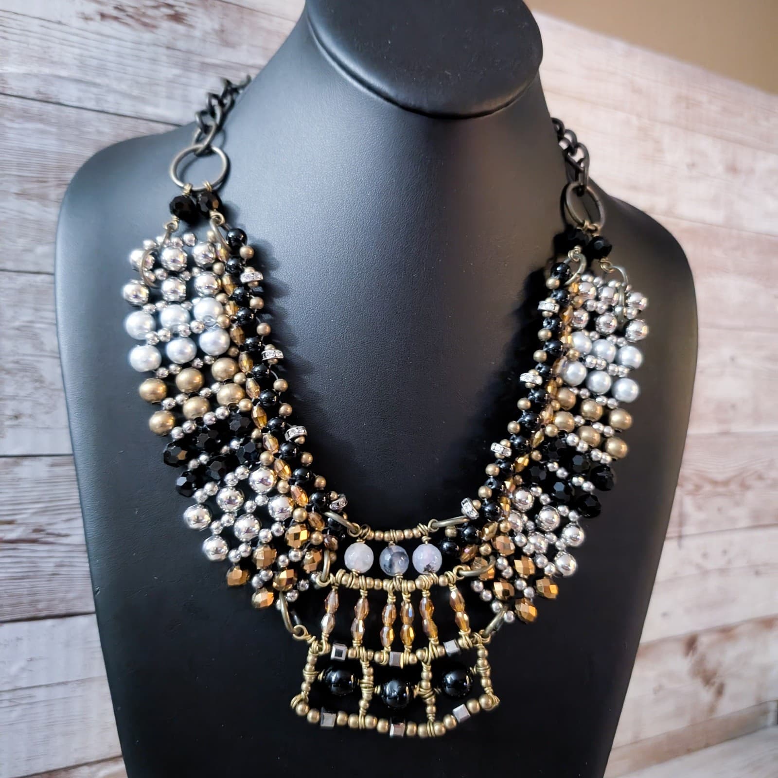 Anthropologie Pam Hiram Necklace Black & Gold Tone Glass Beaded Choker Bib