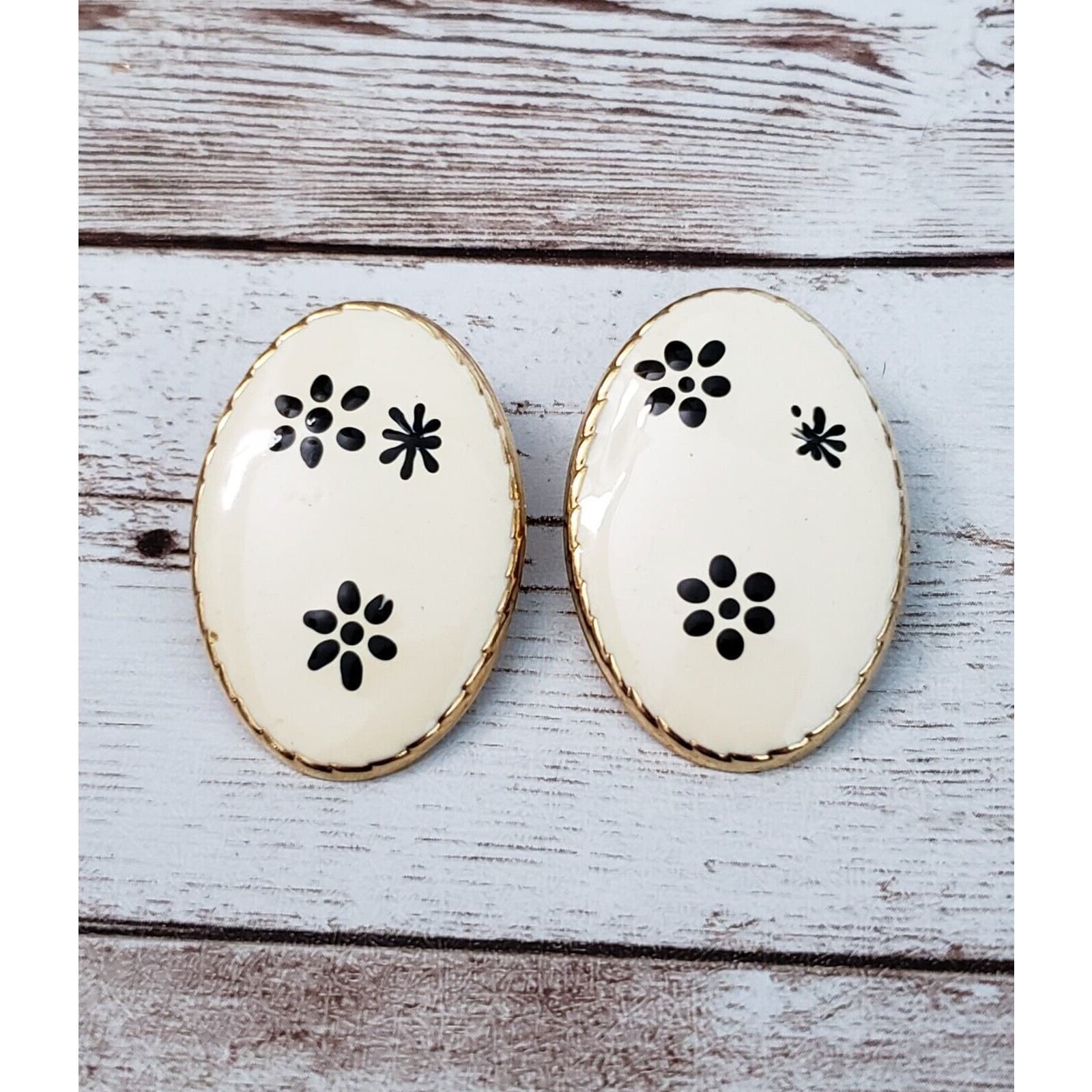 Vintage Clip On Earrings - Large Oval Cream with Black Flowers