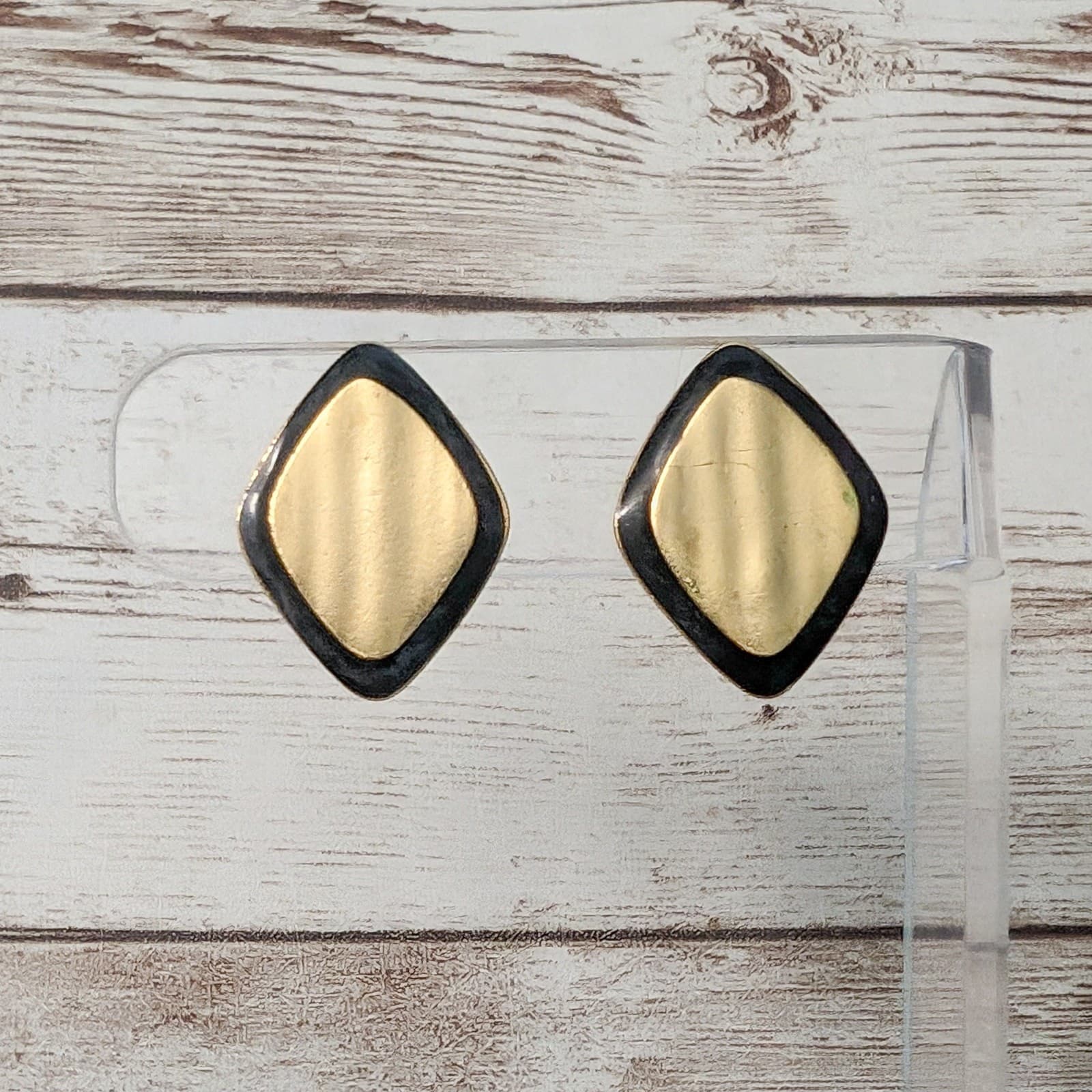 Vintage Clip On Earrings Black & Gold Tone Diamond Shape