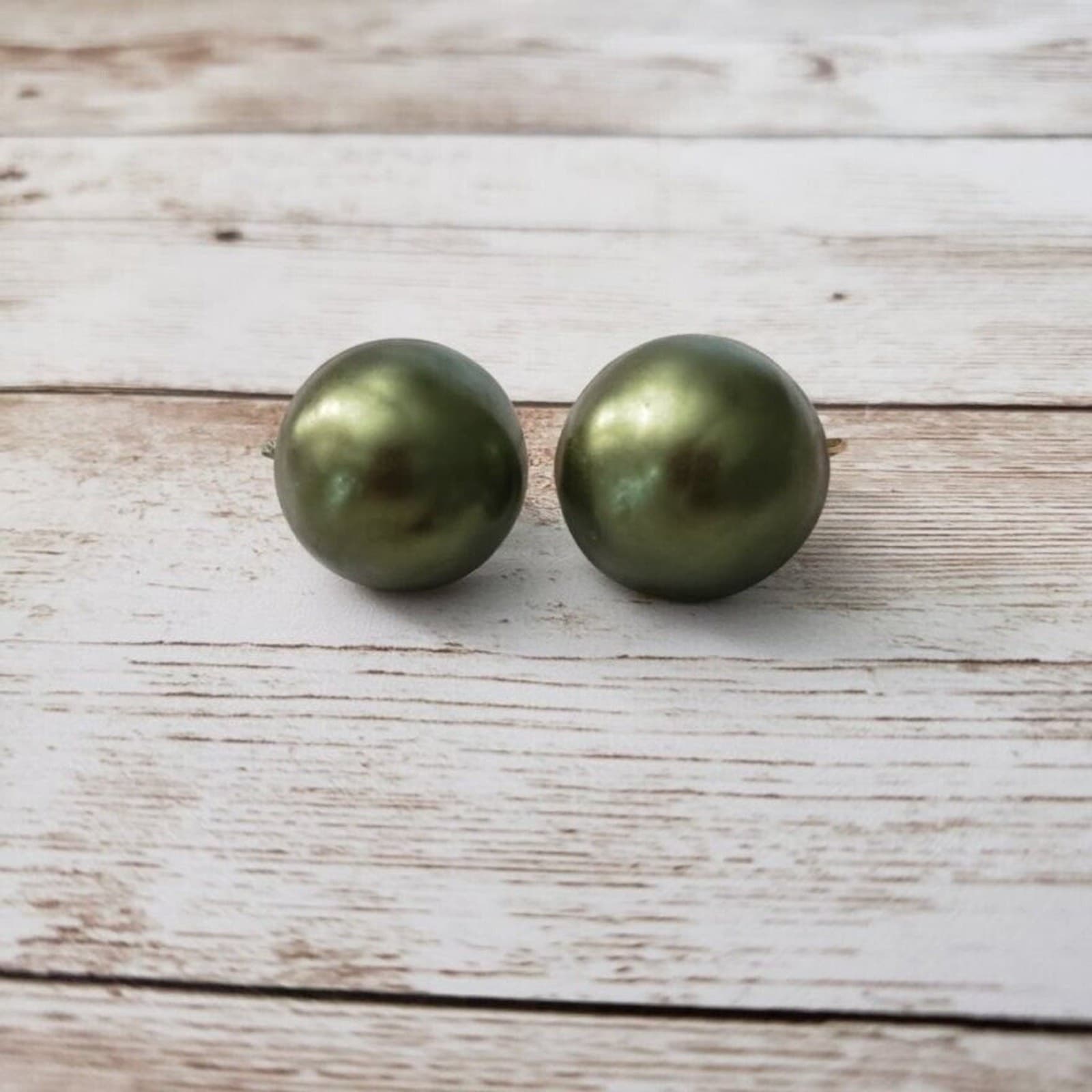 Vintage Richelieu Clip On Earrings - Uneven Domed Circle Metallic Green
