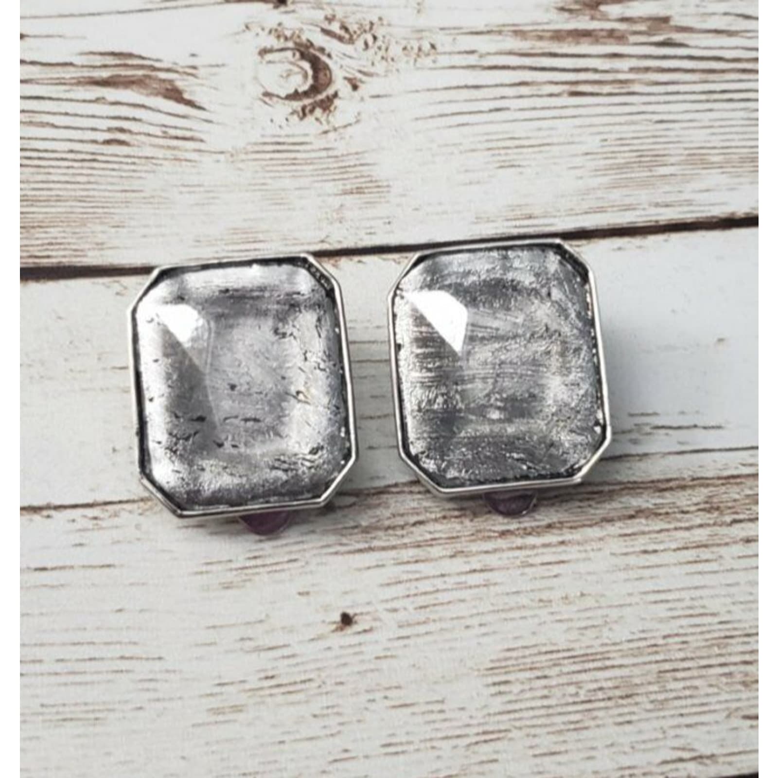 Vintage Nine West Clip On Earrings Large Silver Tone with Distressed Silver Gem