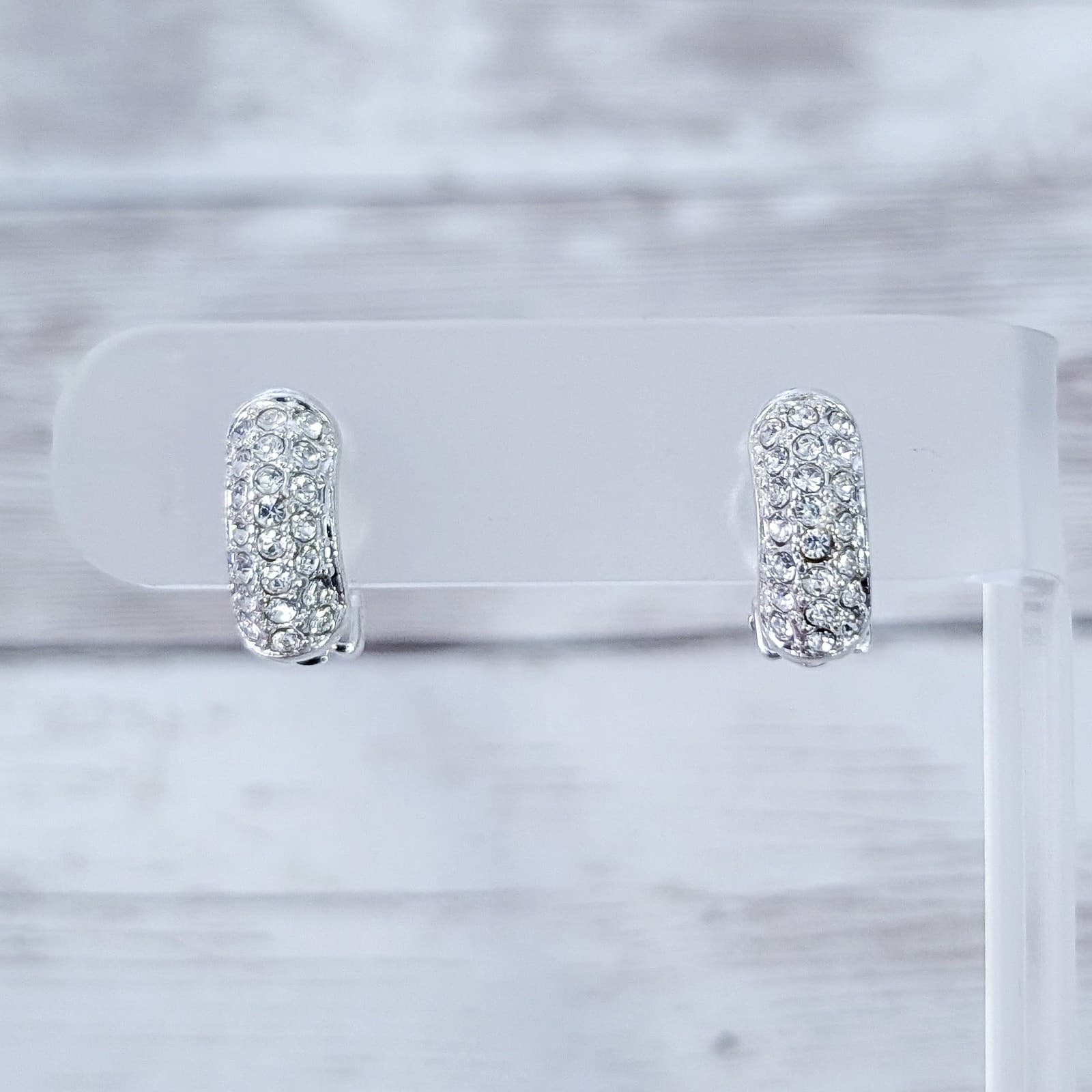 Vintage Clip On Earrings Silver Tone & Clear Gem Half Hoops 5/8"