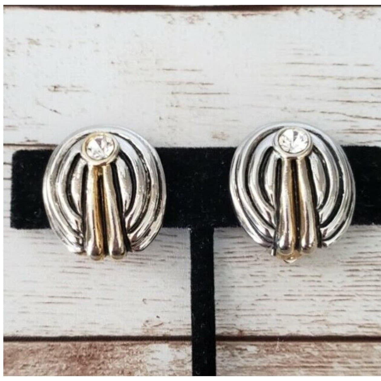 Vintage Clip On Earrings - Silver Tone & Gold Tone Oval with Clear Gem Statement