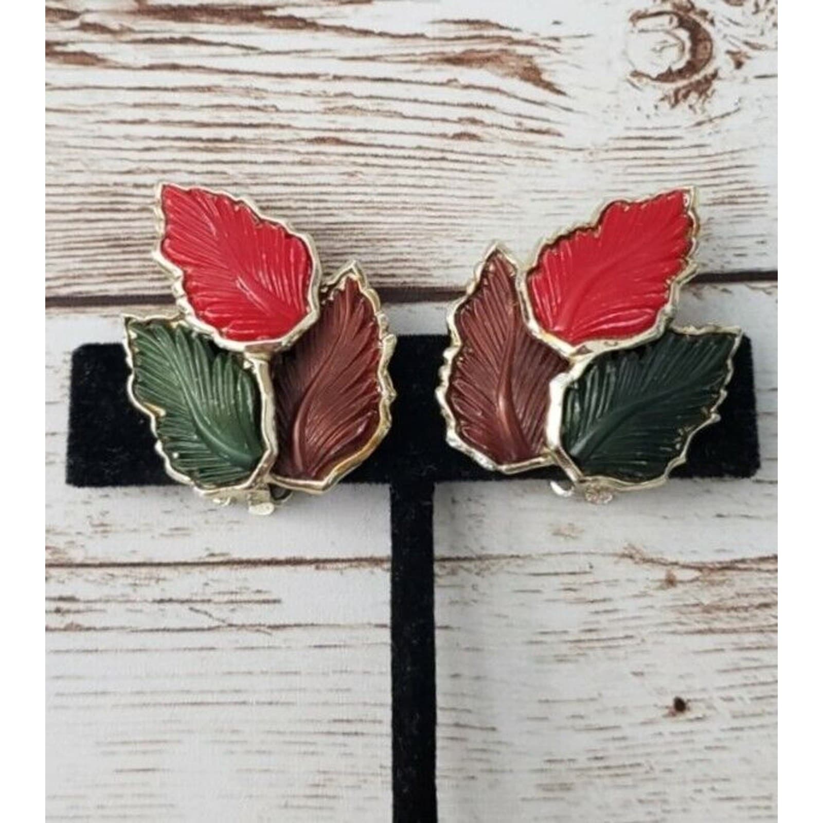 Vintage Clip On Earrings - Tri Color Leaves Trio Large Statement Earrings