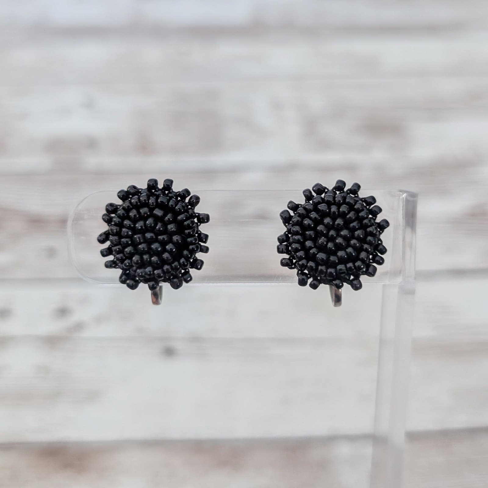 Vintage Screw Back Earrings Black Seed Beads