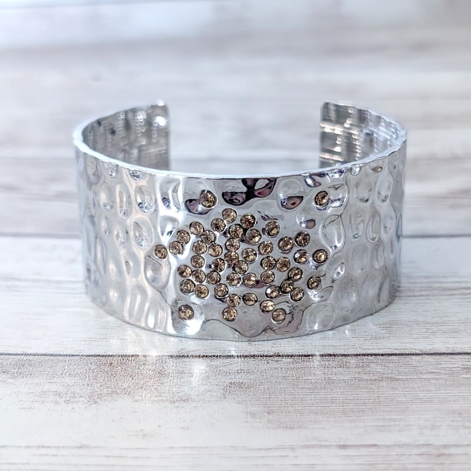 Chunky Silver Tone Cuff Bracelet with Bronze Tone Gems Statement