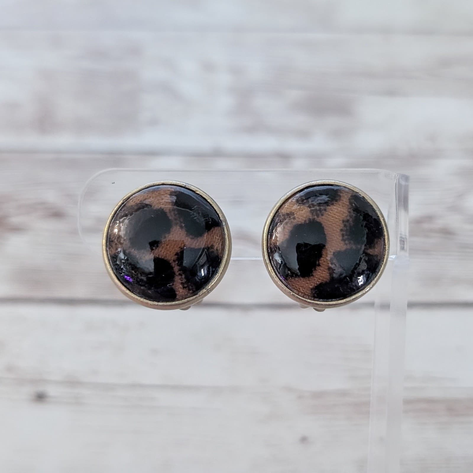Vintage Clip On Earrings Dark Brown & Black Animal Print