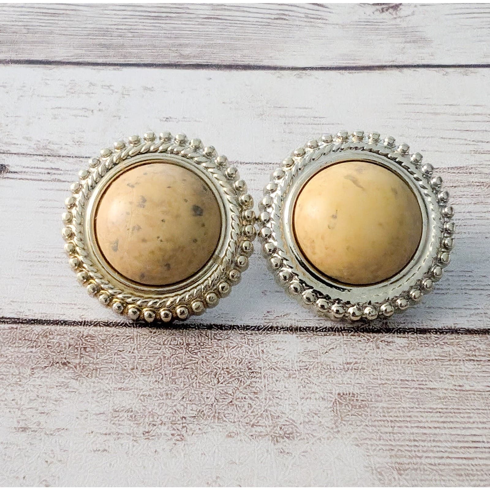Vintage Earrings for Pierced Ears Beige Center Gold Tone Halo