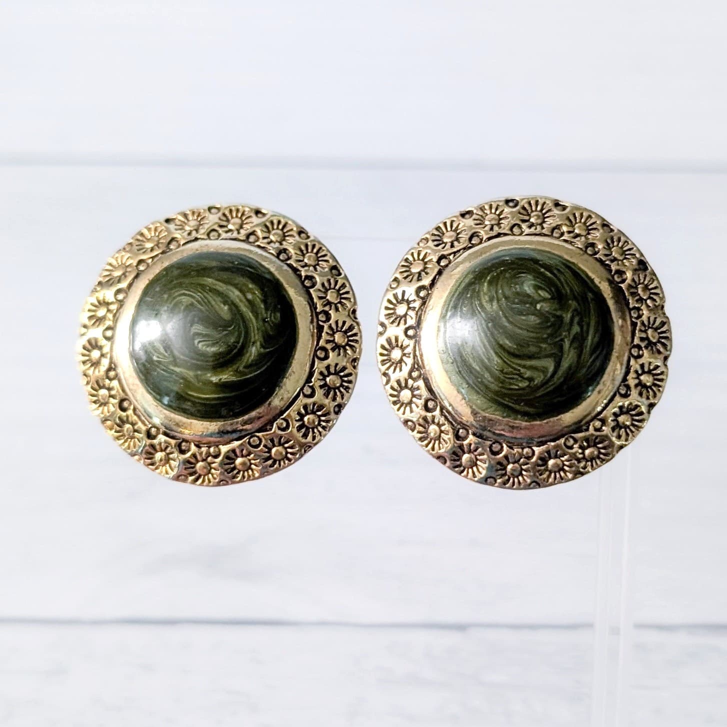 Vintage Clip On Earrings Stunning Statement Green & Gold Tone Large