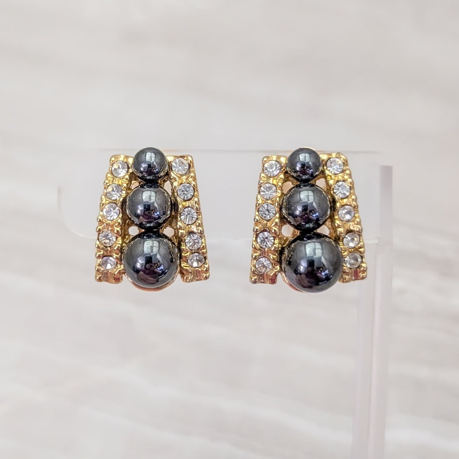 Vintage Clip On Earrings Faux? Hematite & Clear Gem Statement Earrings Large