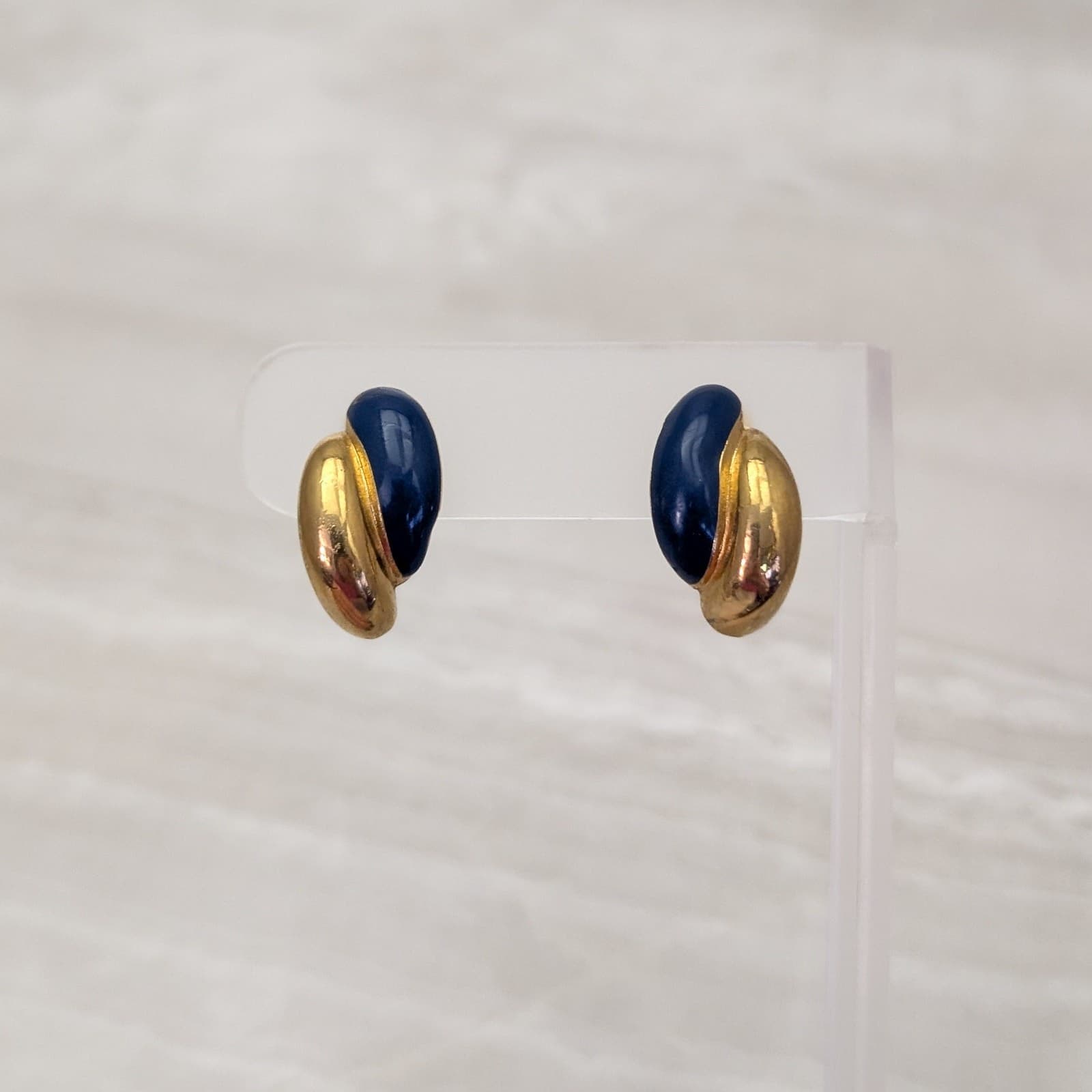 Vintage Clip On Earrings Stylish Gold Tone & Navy Blue Enamel