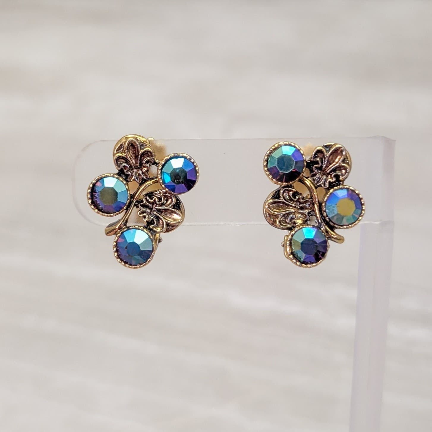 Vintage Clip On Earrings Gold Tone & Blue Aurora Borealis Gems Statement