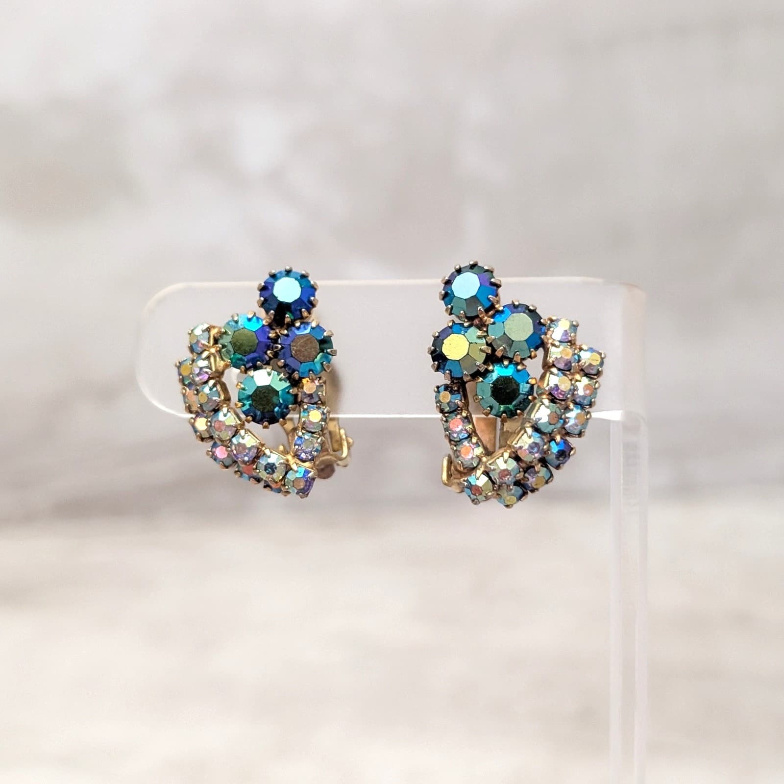 Vintage Clip On Earrings Large Blue & Clear Aurora Borealis Gems Statement Glam