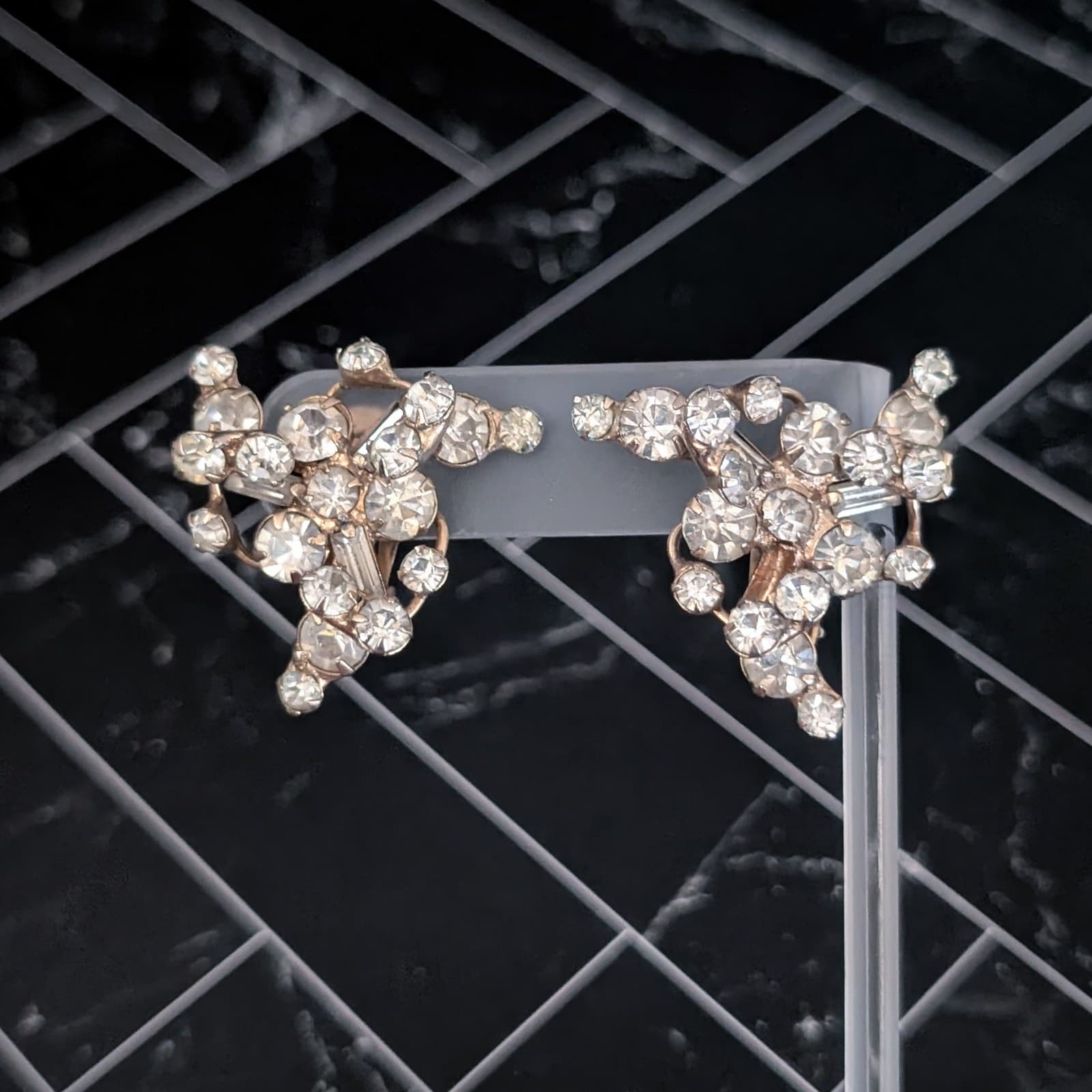 Vintage Clip On Earrings Statement Clear Gem Extra Large Cluster