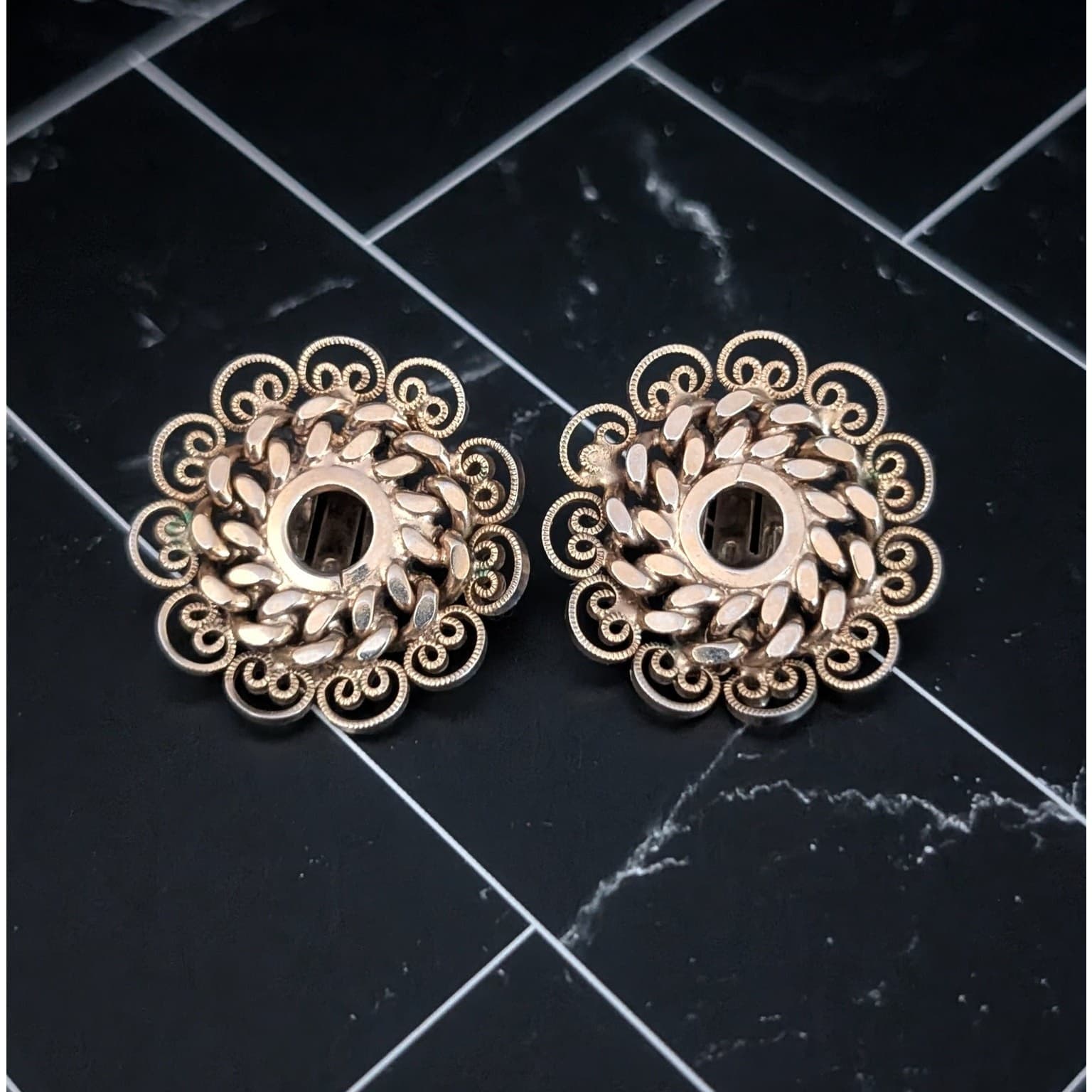 Vintage Clip On Earrings Large Ornate Gold Tone Circle Statement 1 & 1/8"