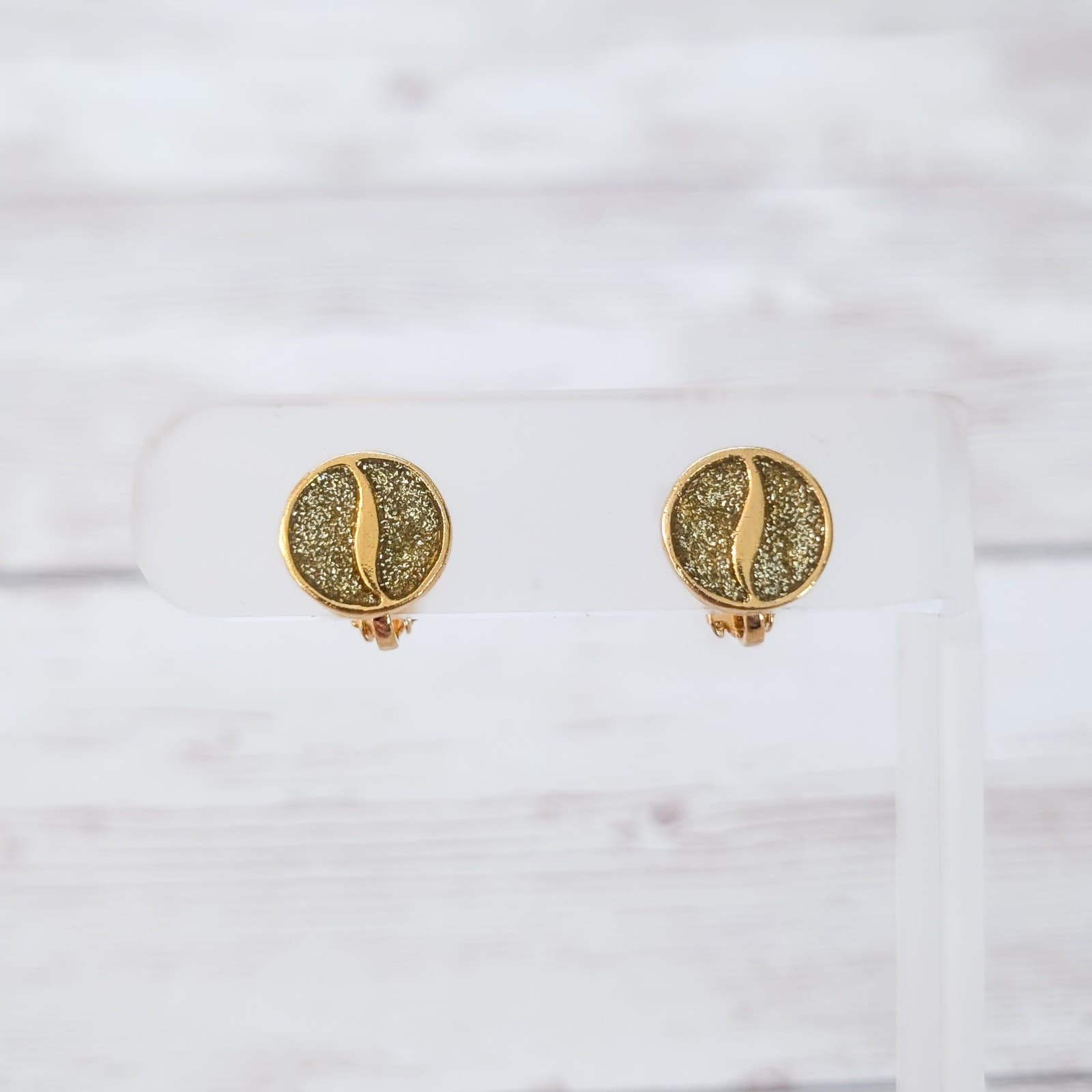 Vintage Clip On Earrings - Circle Shape Glitter & Gold Tone - Just Under 0.5"