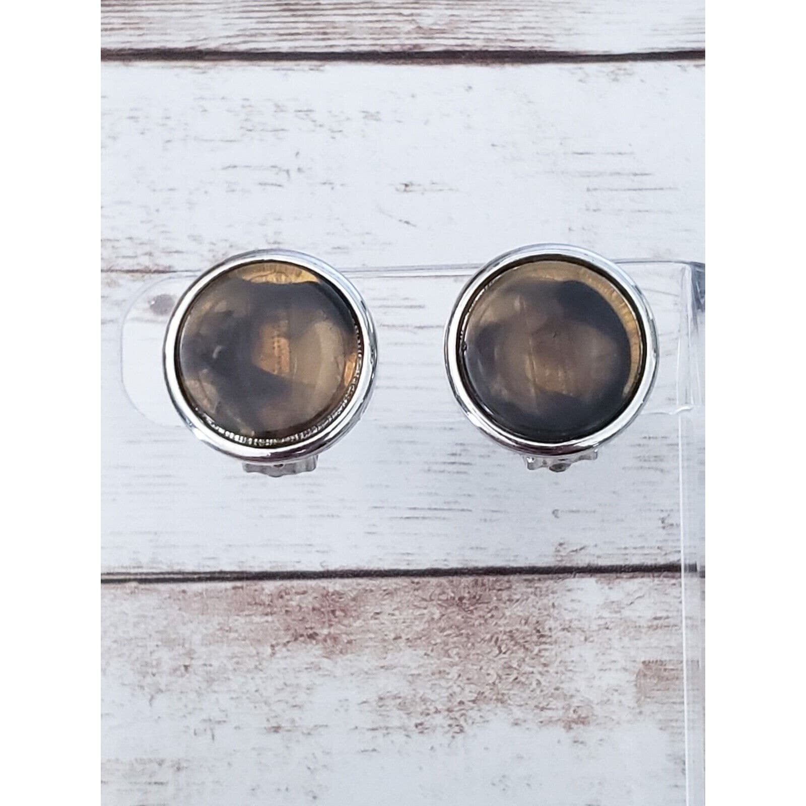 Vintage Clip On Earrings Brown with Silver Tone Halo Just Over 0.75"
