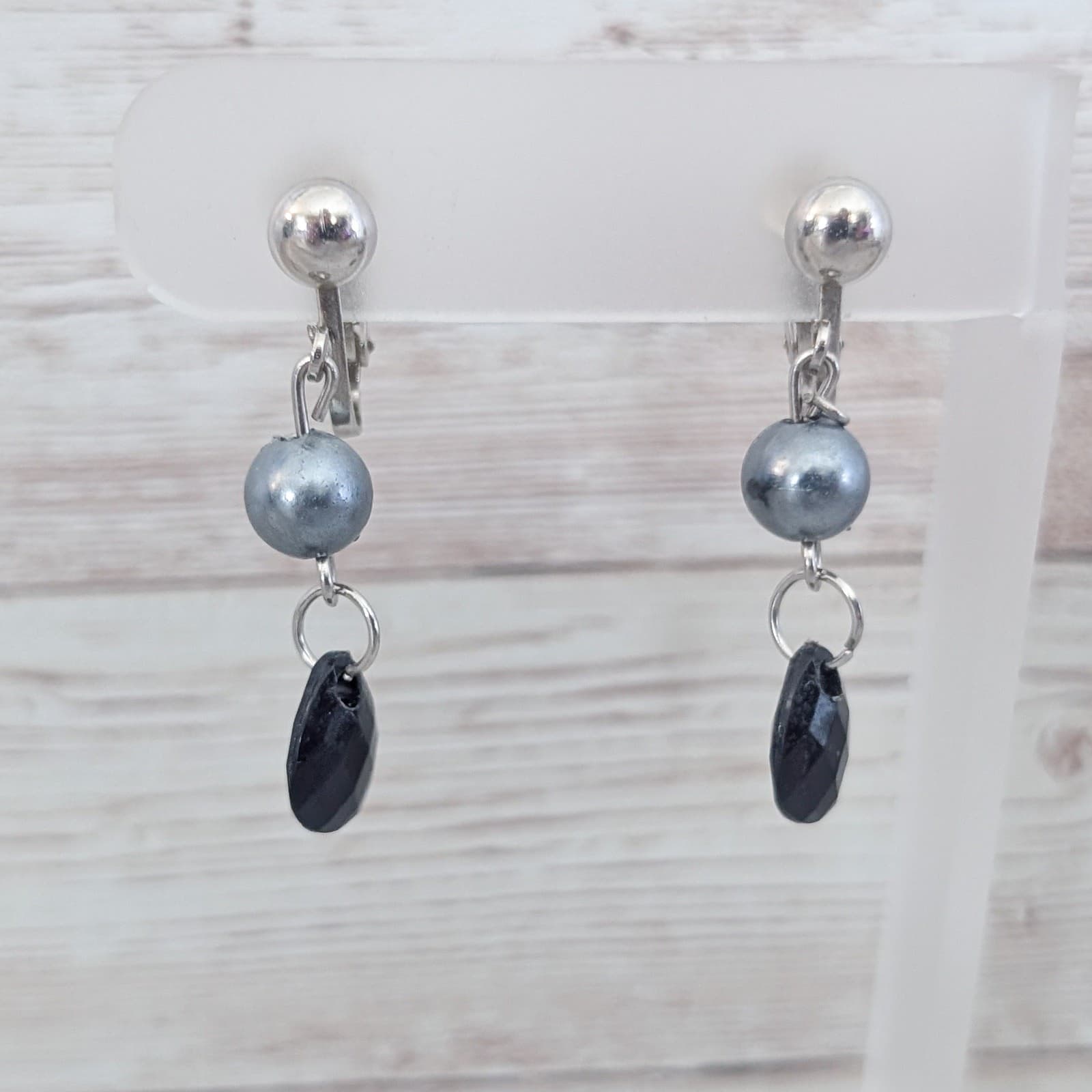 Vintage Clip On Earrings Metallic & Black Dangle