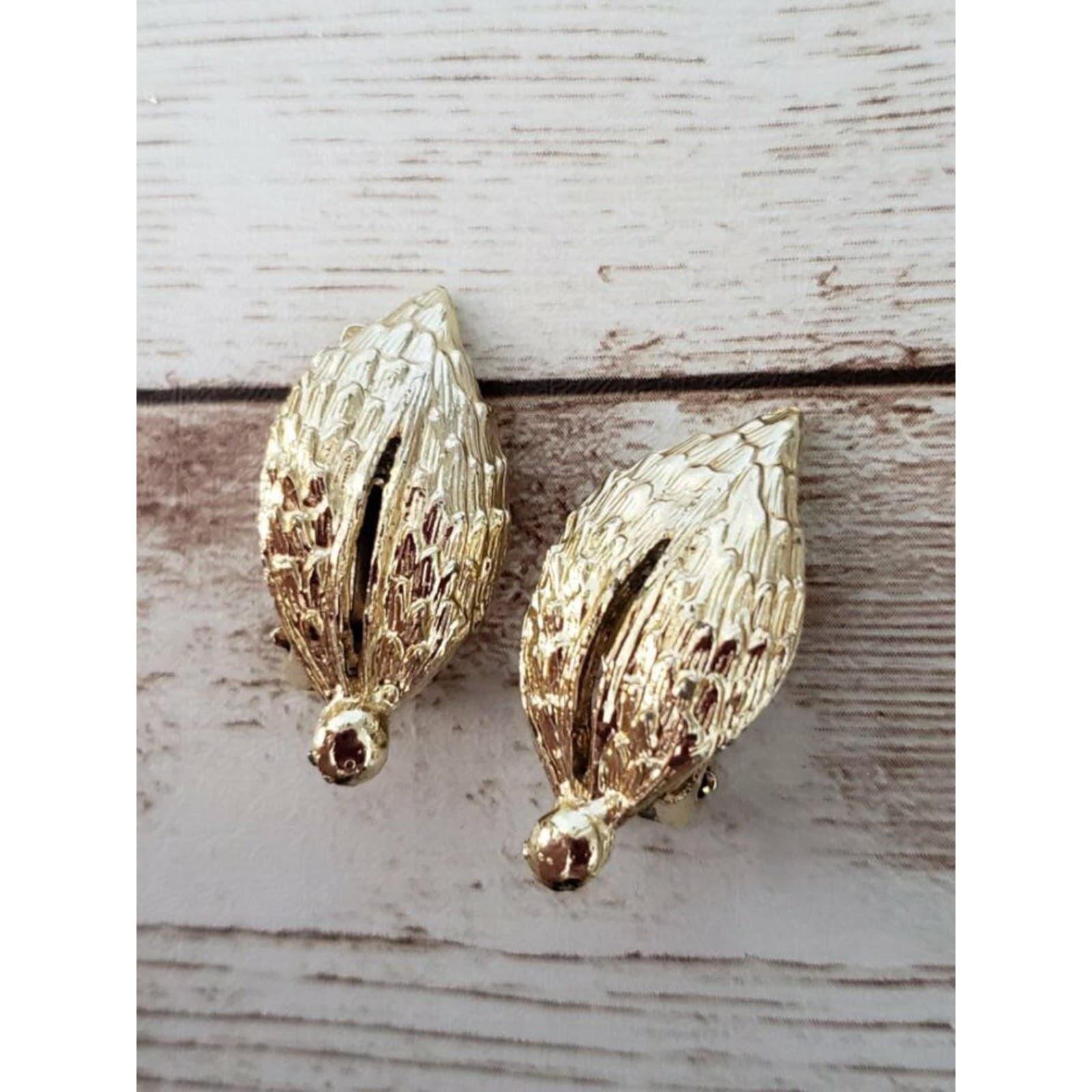 Vintage Clip On Earrings Gold Tone Large Statement Leaf