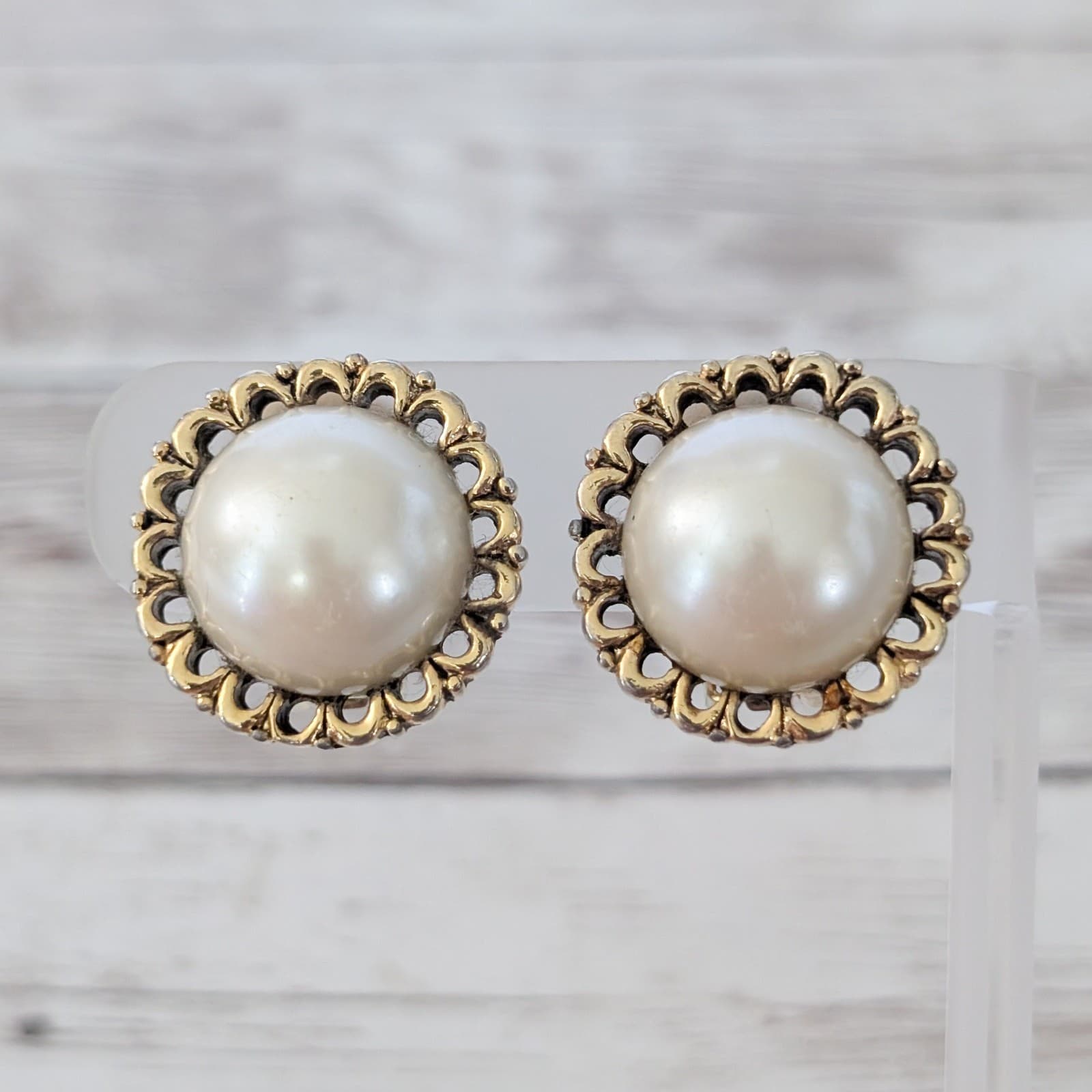 Vintage Clip On Earrings Large Statement Gold Tone Ornate Halo & Faux Pearl