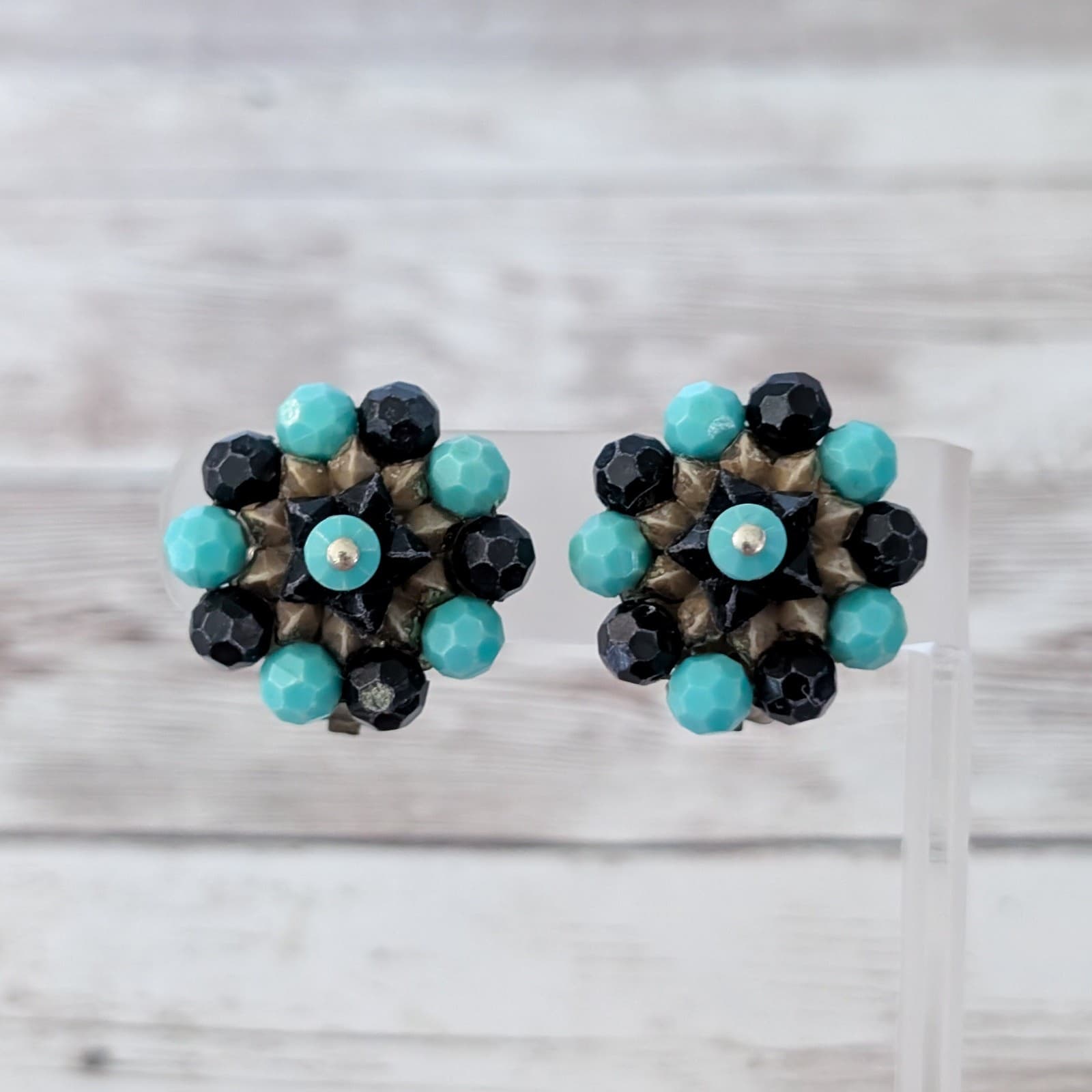 Vintage Clip On Earrings Black & Turquoise Tone Statement Large Cluster