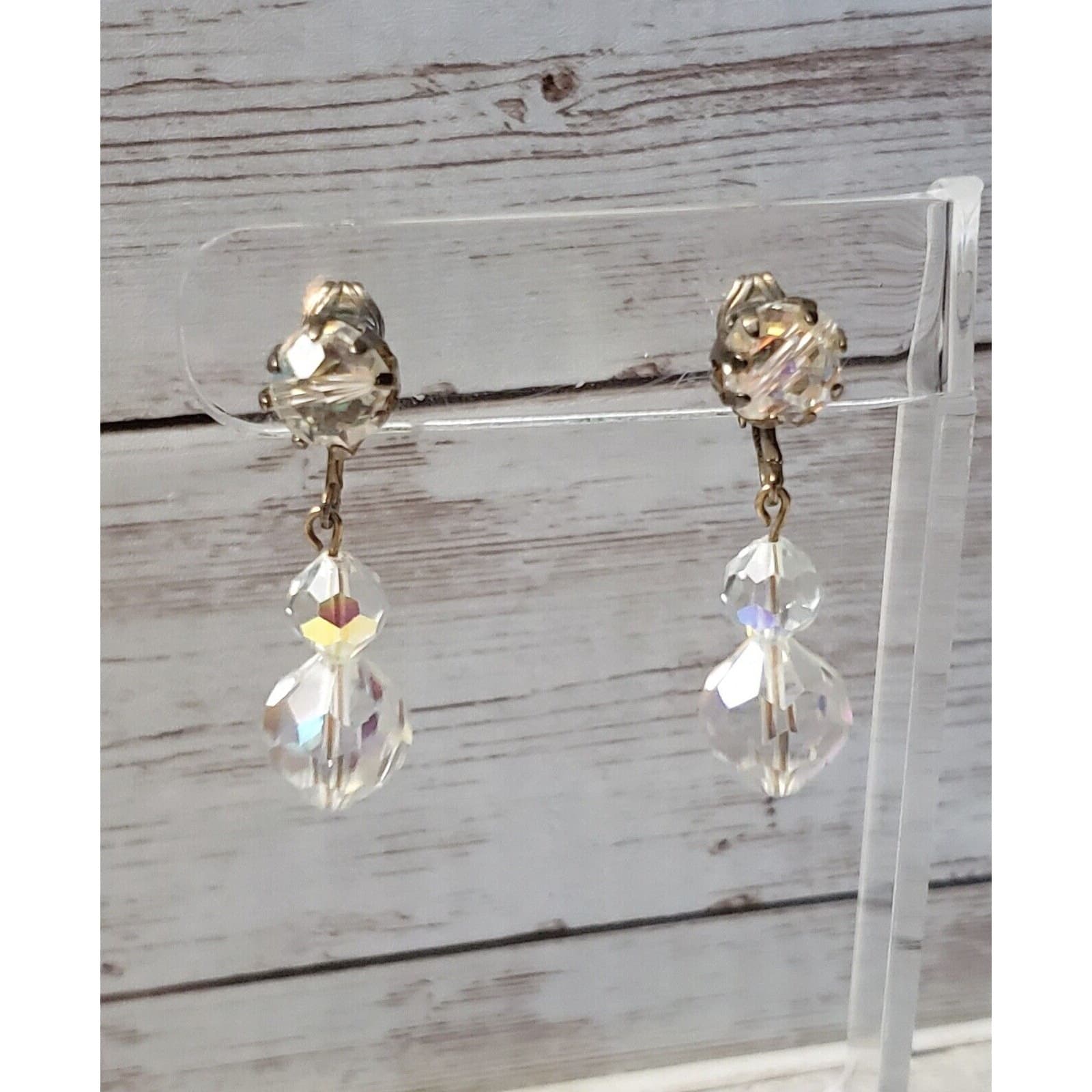 Vintage Clip On Earrings - Clear/Iridescent Gems Dangle