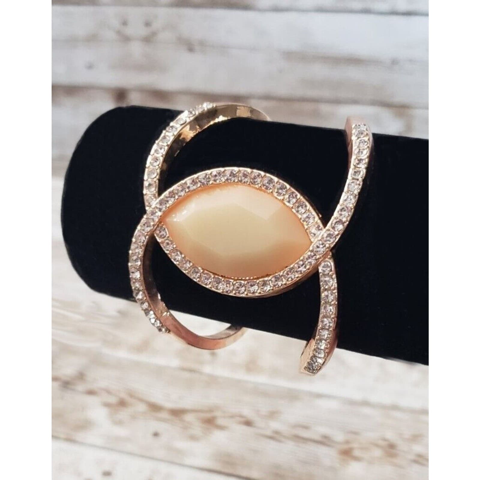 Vintage Bracelet / Bangle / Cuff - Peach & Clear Gems - Large Statement